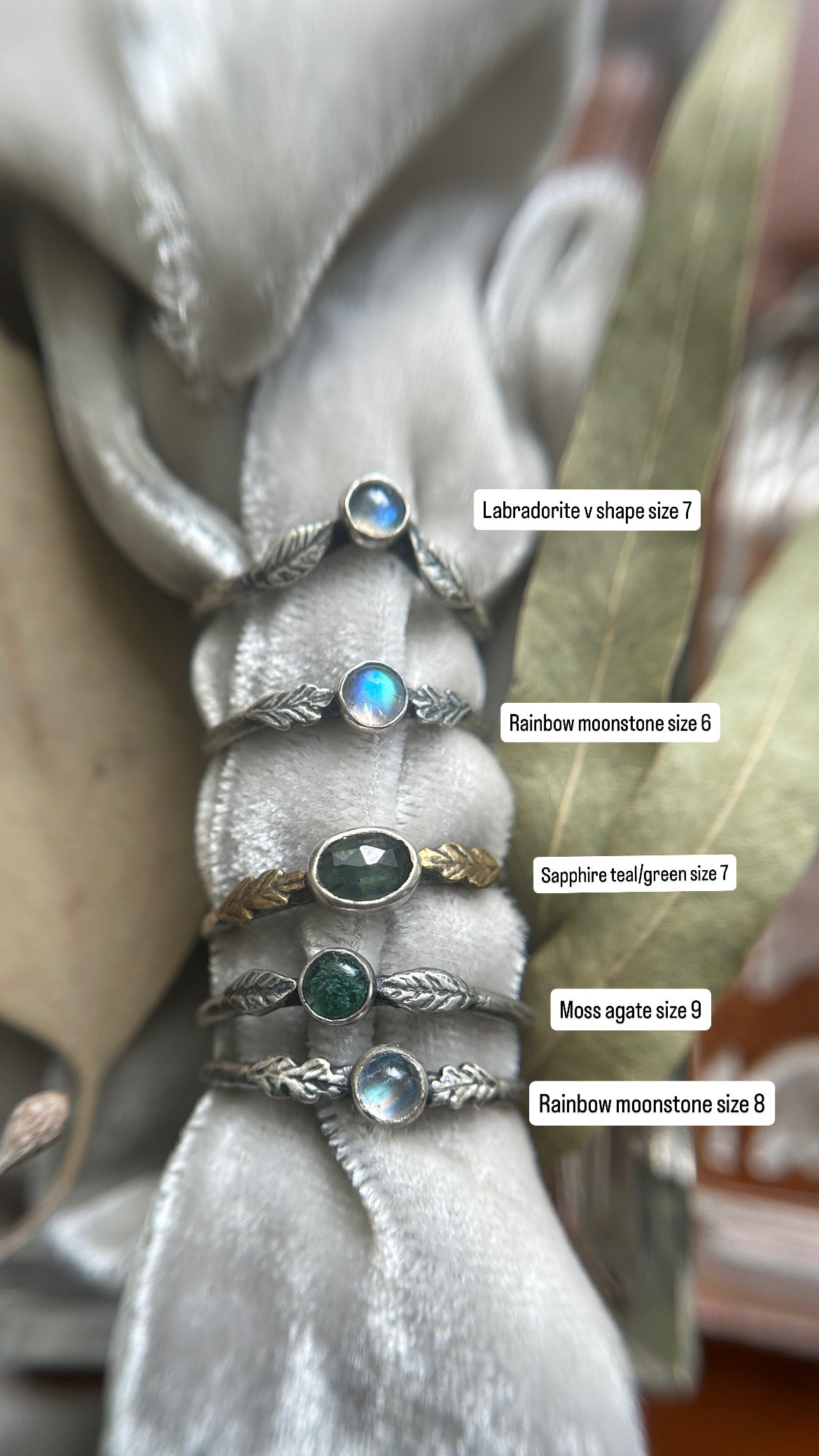Ready to ship Woodland Leaf Rings- assorted gemstones- sterling silver jewelry