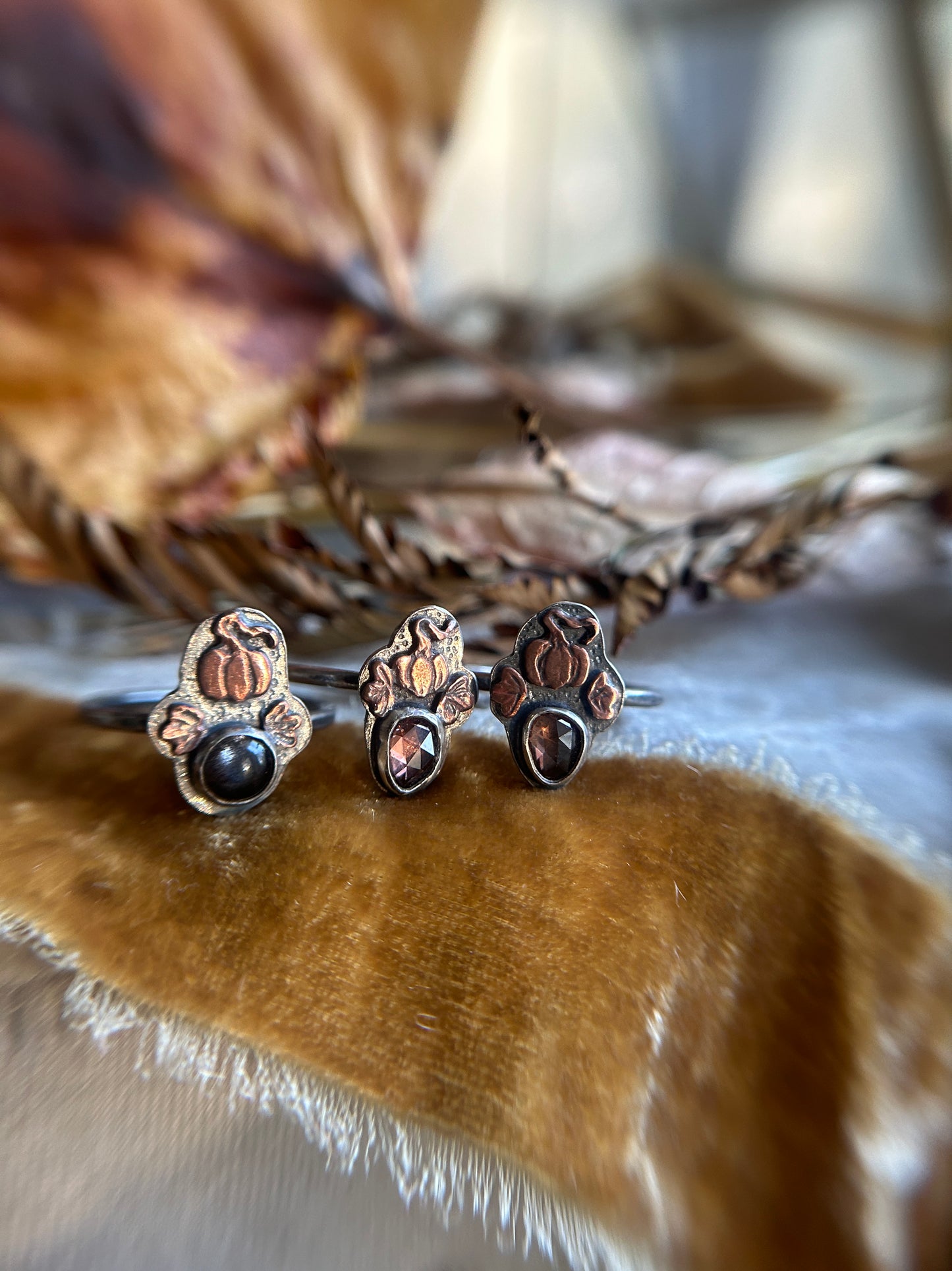 Ready to ship pumpkin rings sizes 6.75,8, 9 in zircon and black moonstone