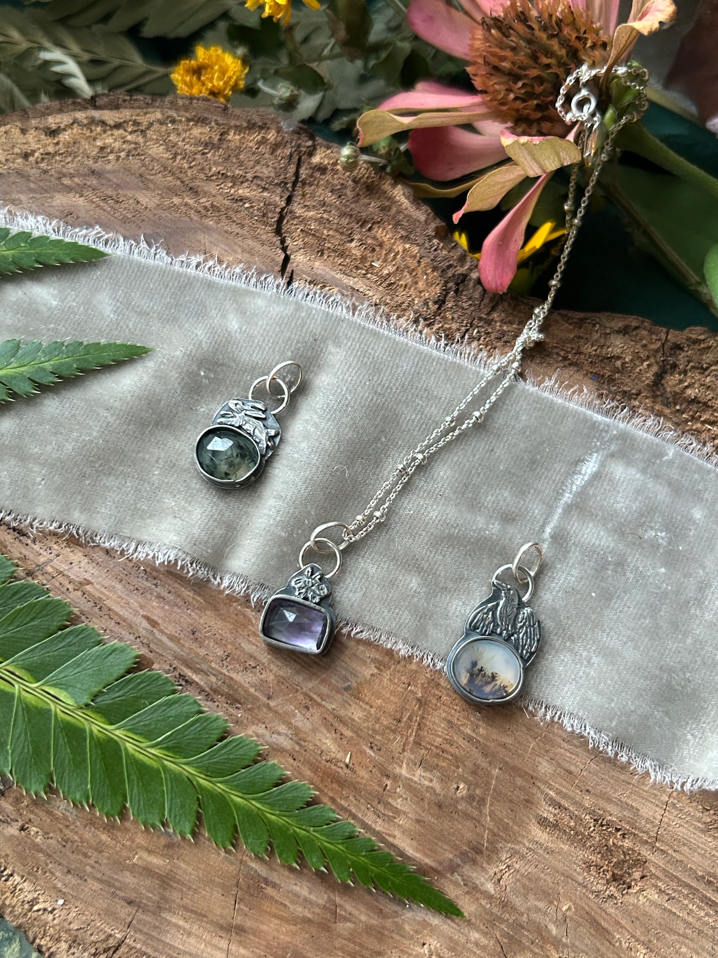 Woodland creature with gemstone- your choice of ring or pendant- sterling silver jewelry