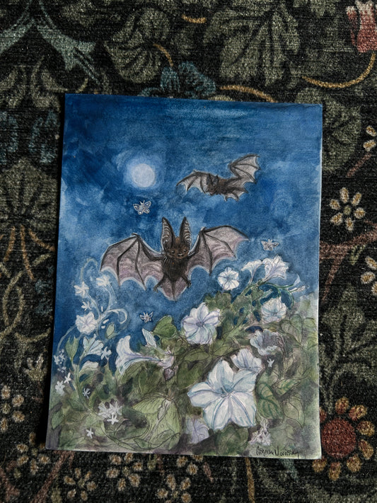 Original watercolor - moonlight garden among bats & moths- paper watercolor paints 8-6 inches