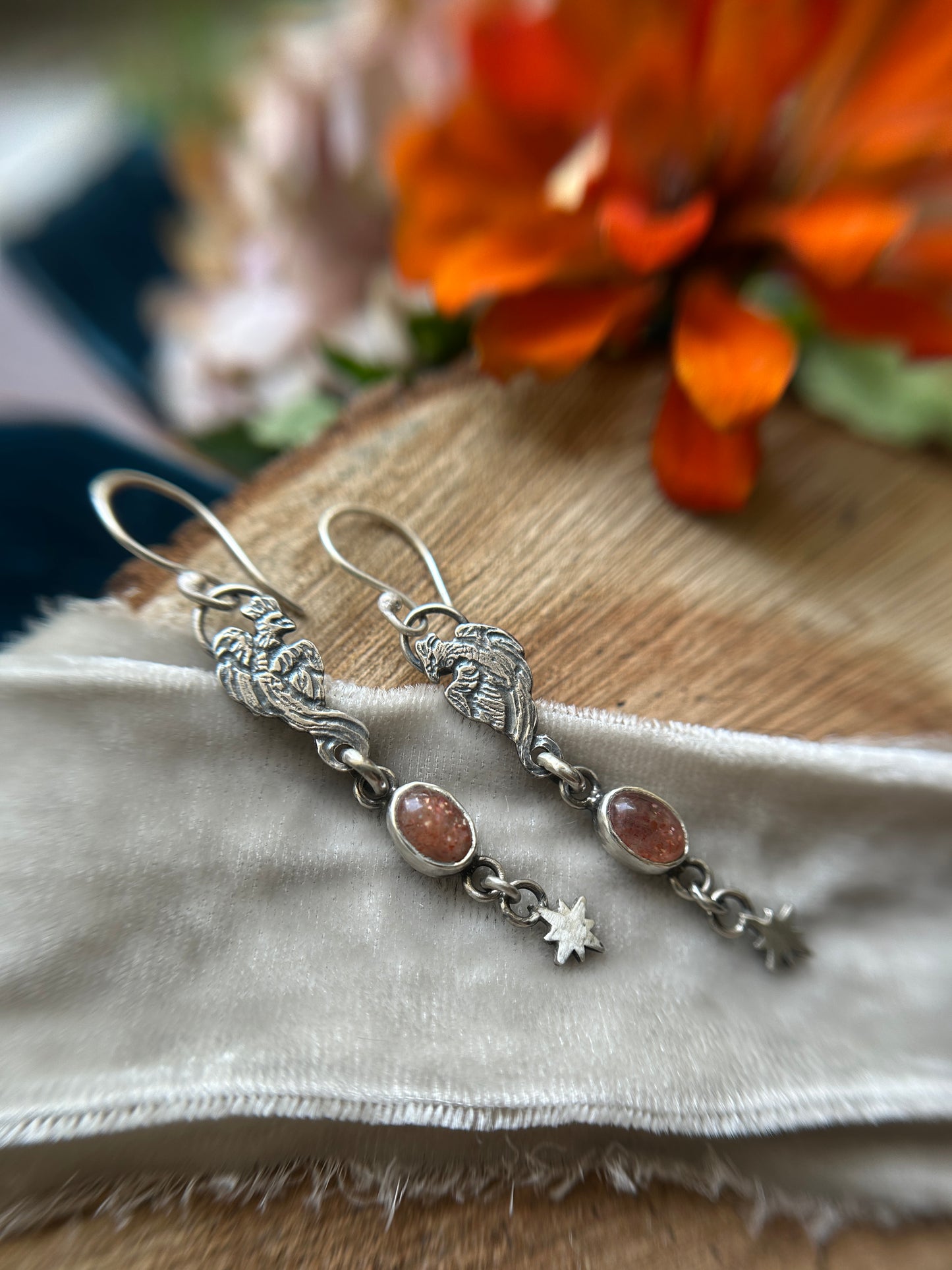 Phoenix Fire Earrings- sunstone and sterling silver jewelry