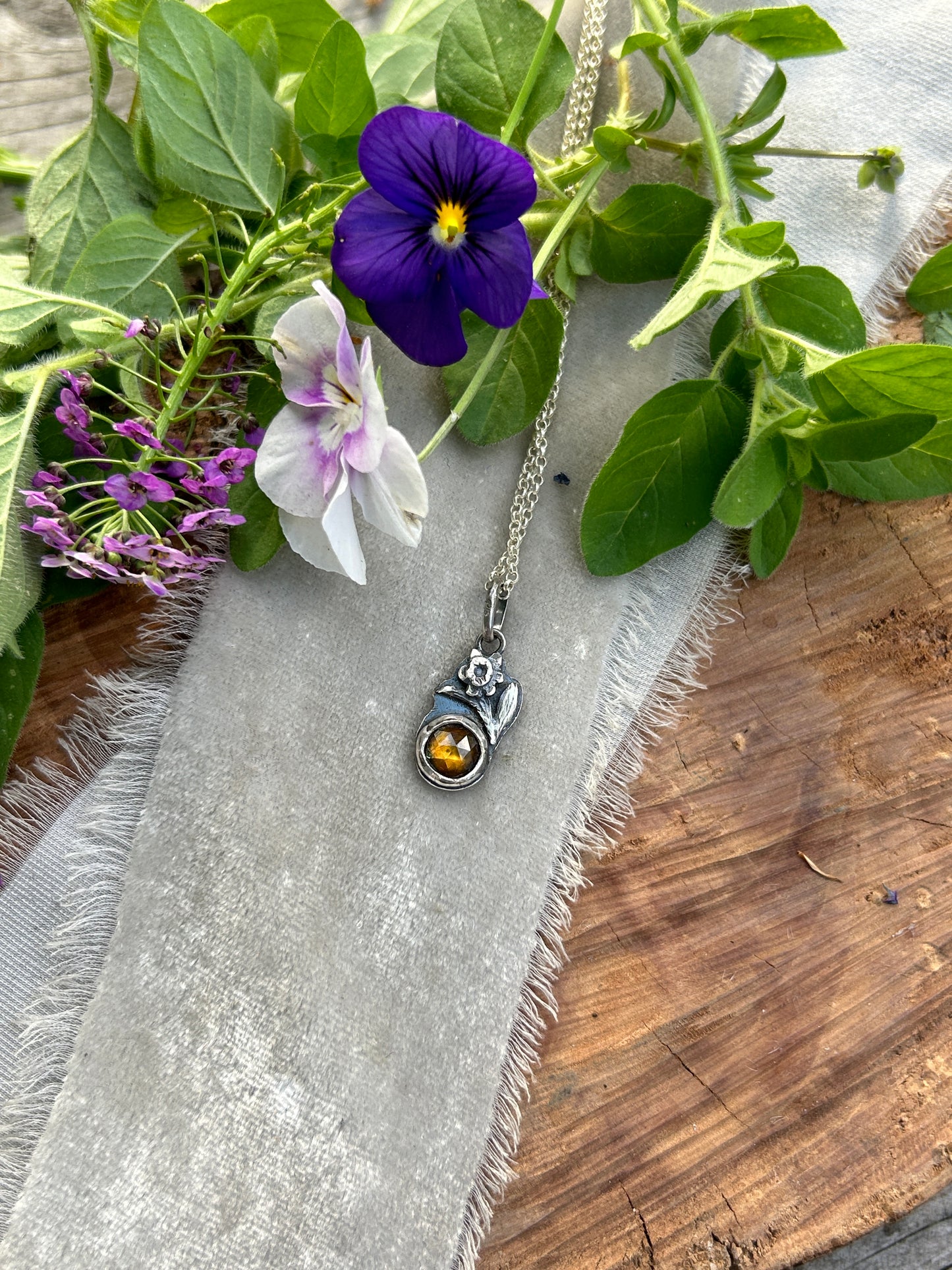 Mini Daffodil with golden sphene Necklace- sterling silver floral jewelry