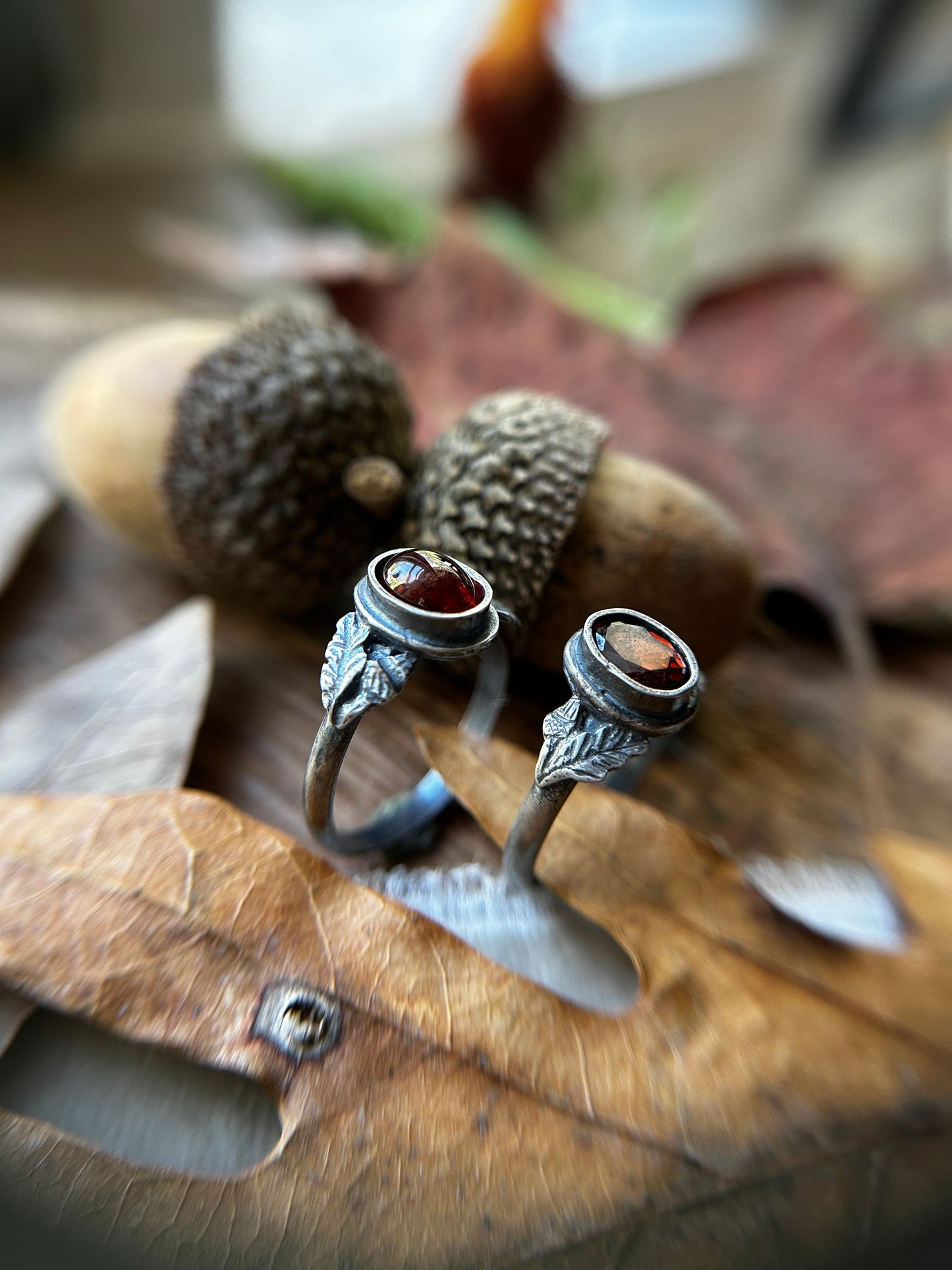 Oak and Acorn Ring in choice of zircon or hessonite garnet- sterling silver jewelry