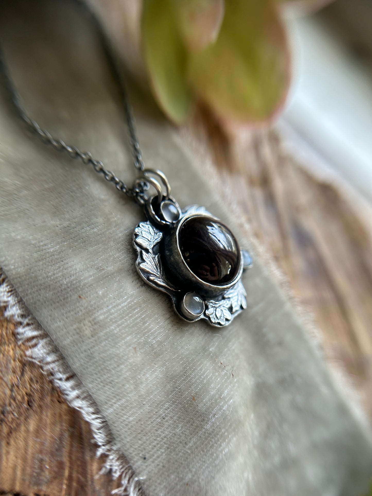 Star garnet and grey moonstone hellebore flower necklace- Sterling silver jewelry