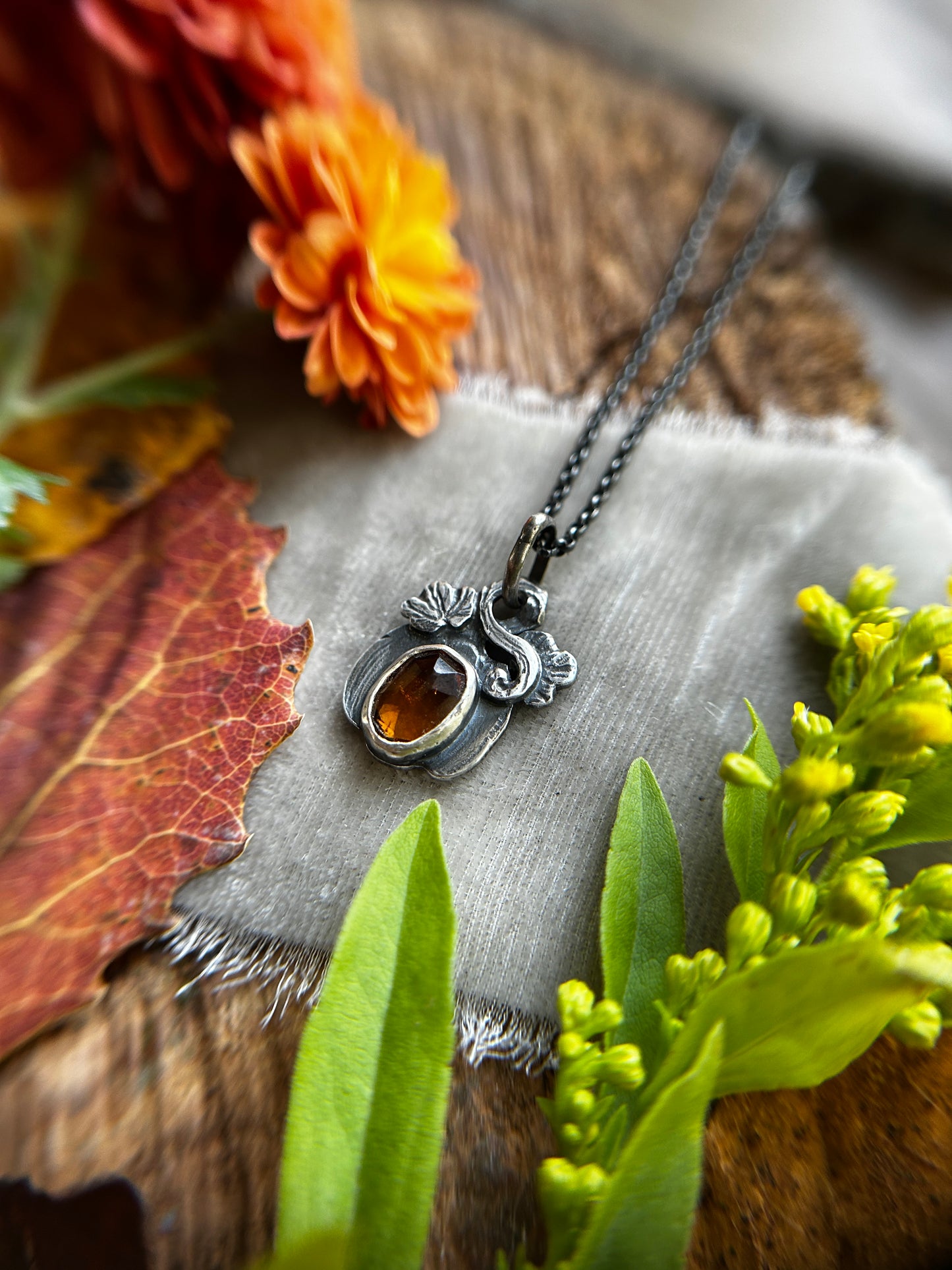 Hessonite Garnet Pumpkin necklace- sterling silver jewelry