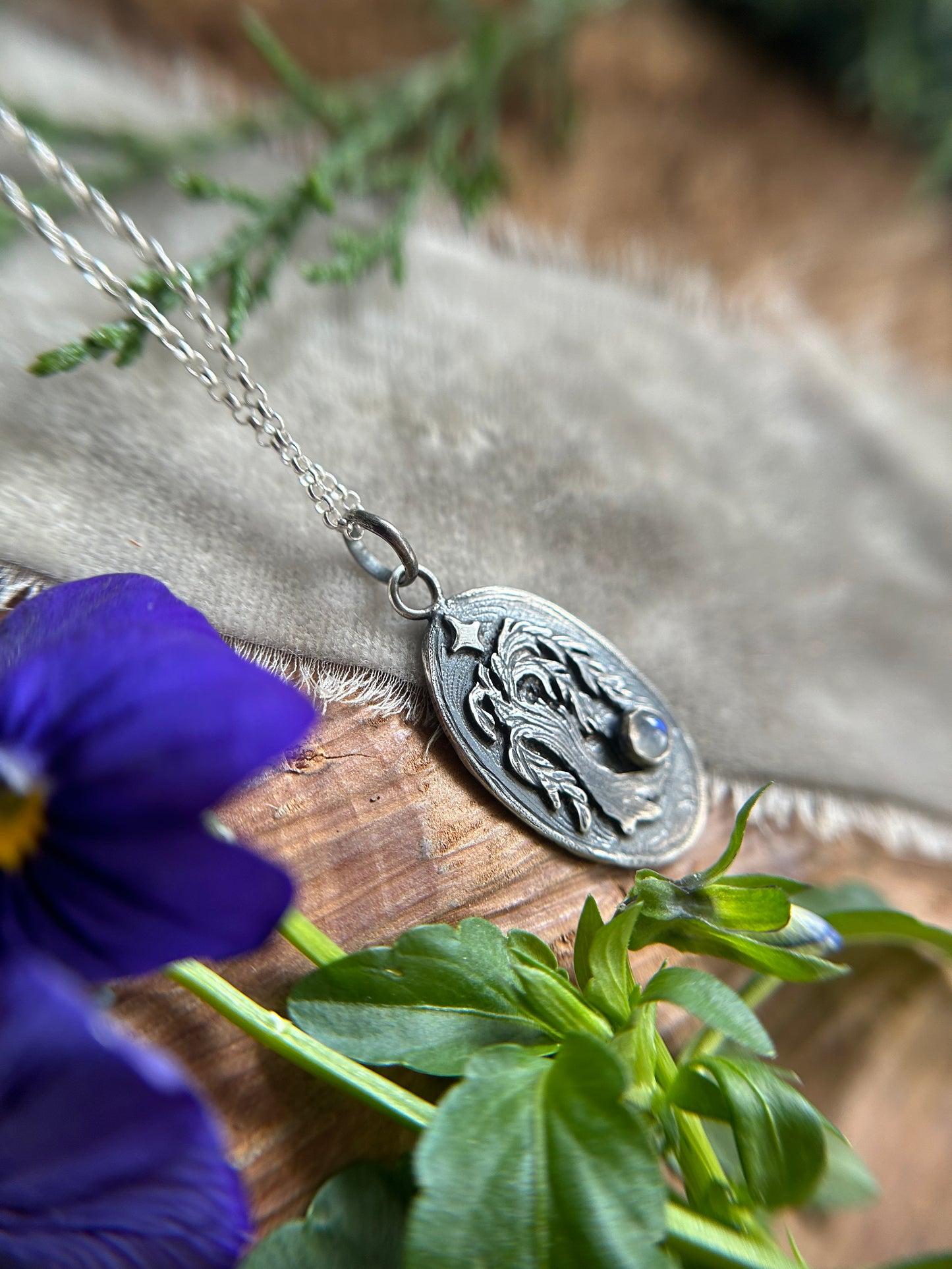 Moonlit Willow Pendant with rainbow moonstone and luna moth back detail