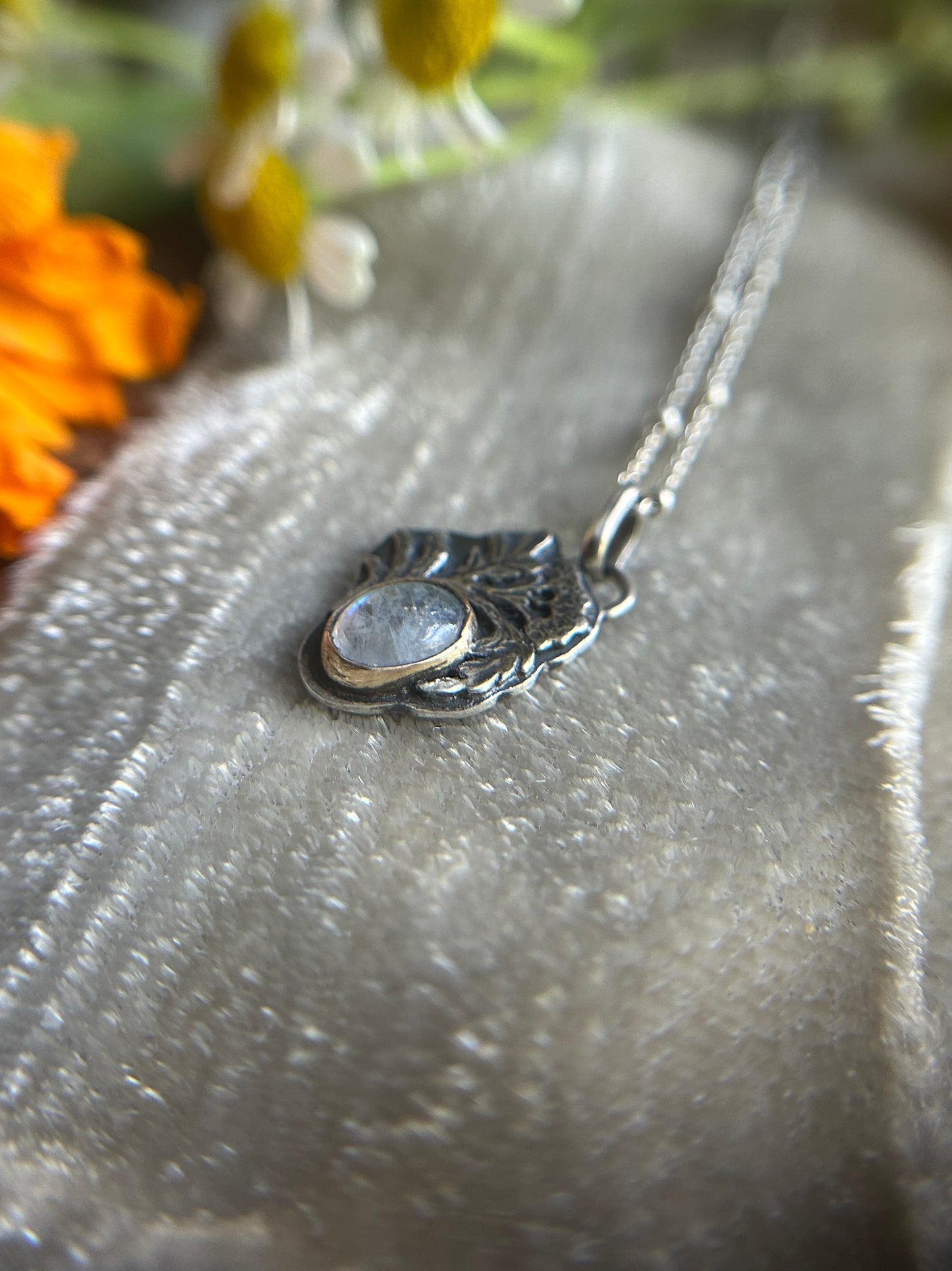 Rainbow moonstone elderflower necklace- brass and sterling silver jewelry