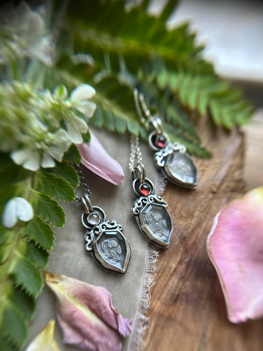 Enchanted rose necklace with portrait cut quartz & choice of garnet or rose quartz- Sterling silver jewelry