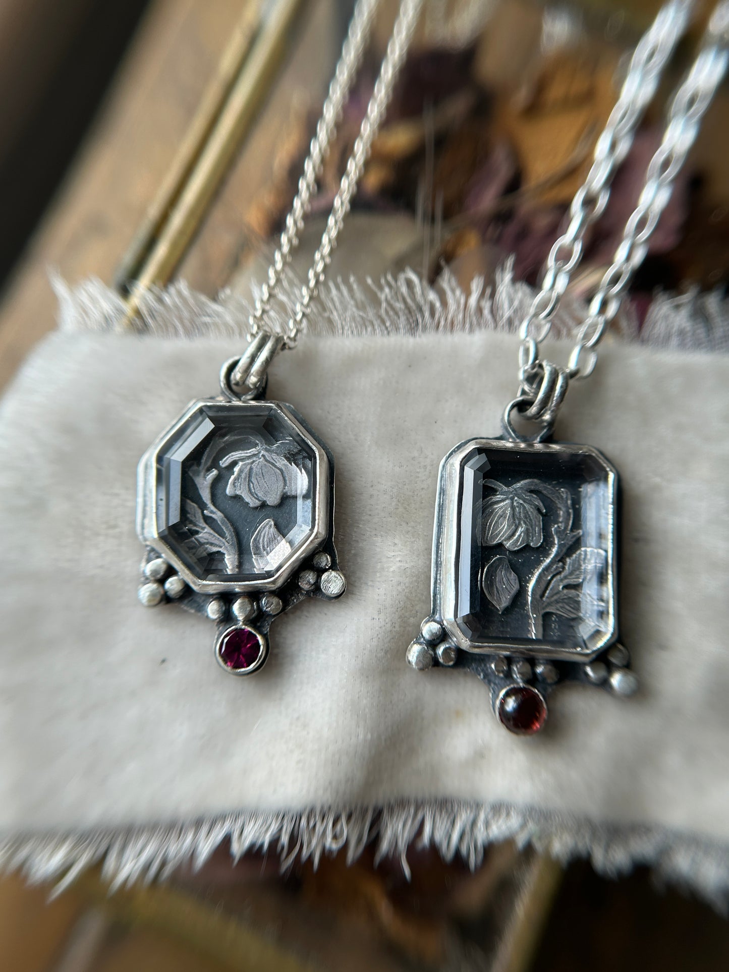 Enchanted Rose under Portrait Cut Quartz with garnet- sterling silver necklace