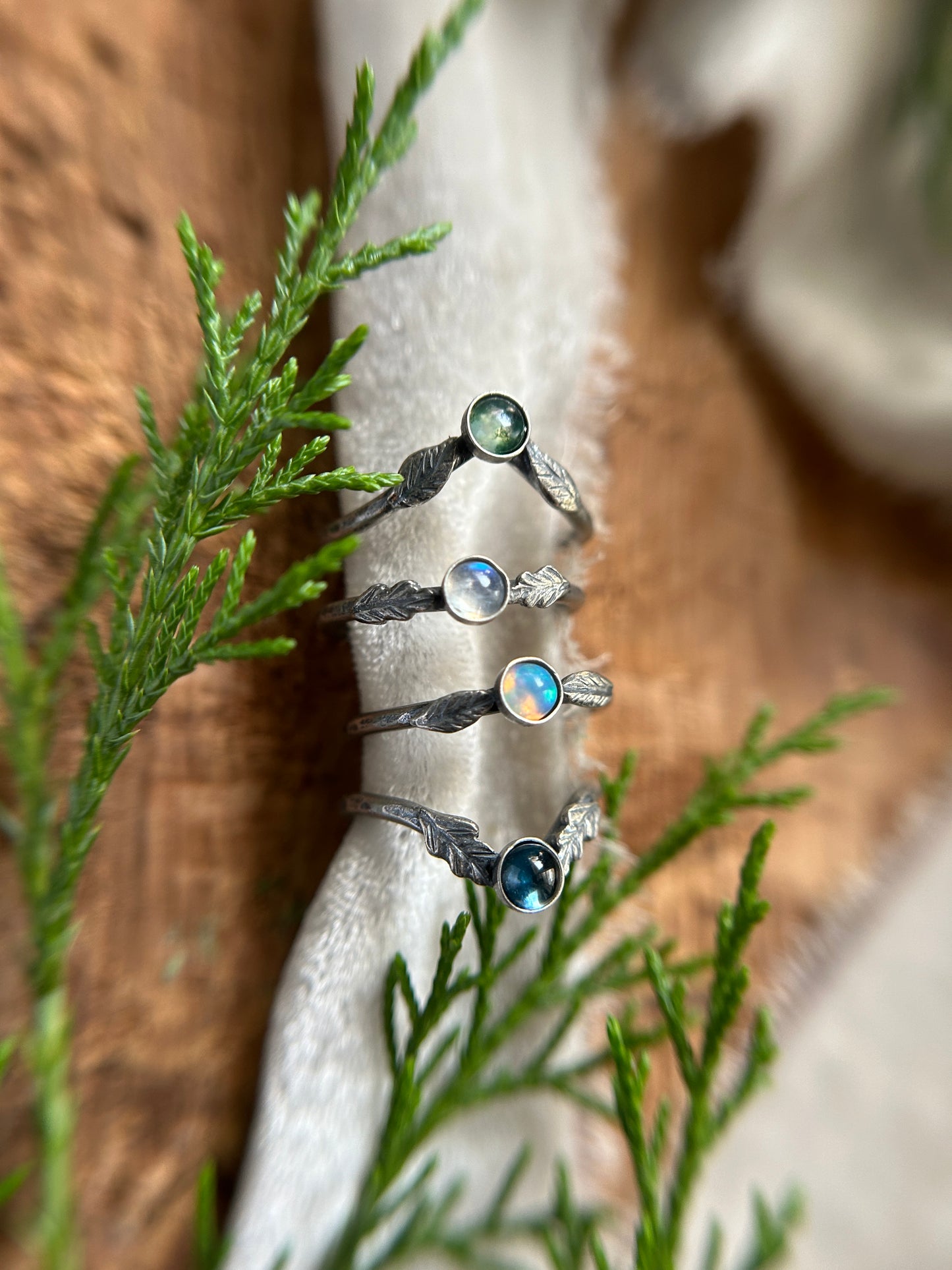 Winter woodland stacker rings- choice of gemstone, leaves, and ring size