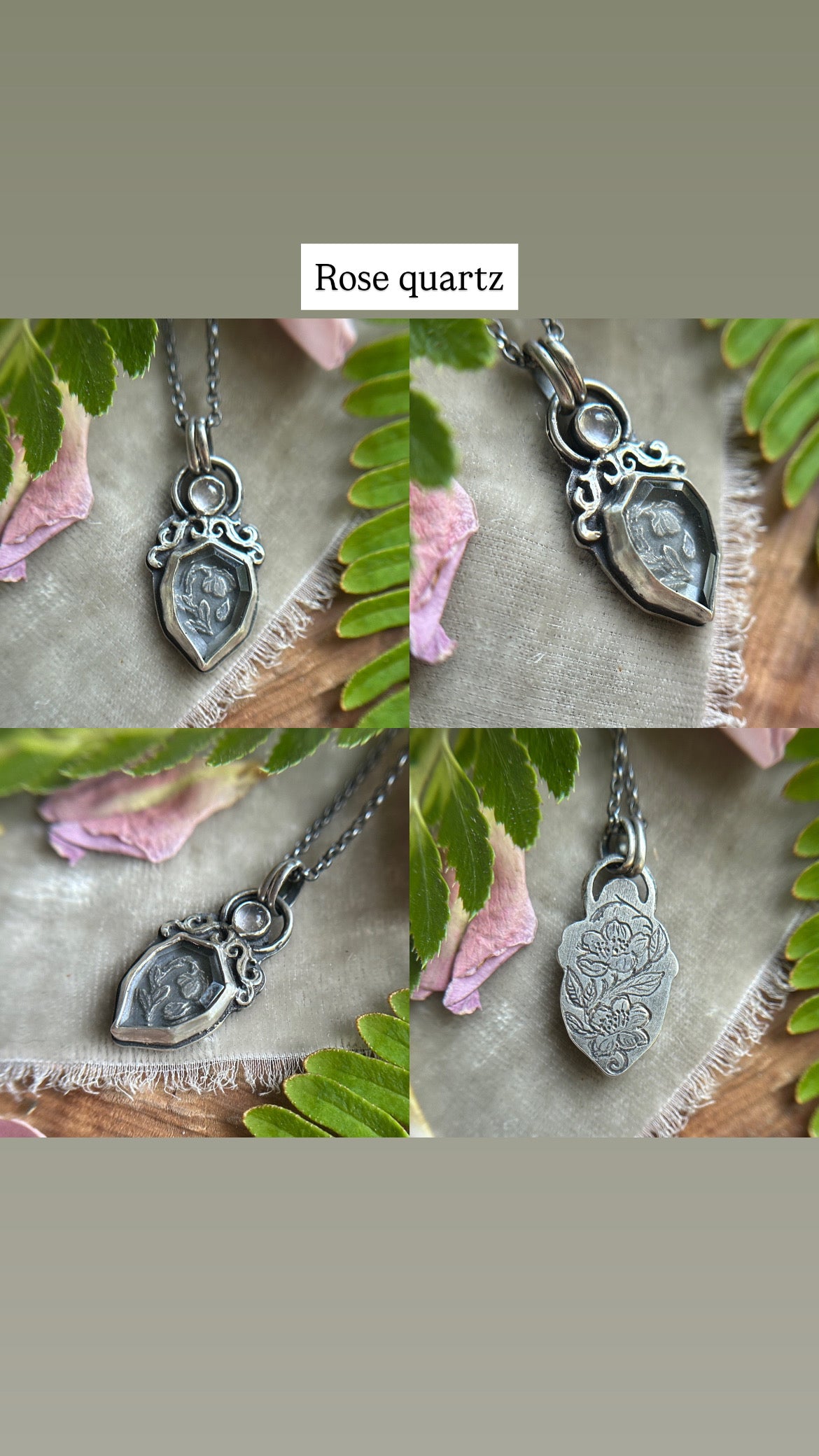 Enchanted rose necklace with portrait cut quartz & choice of garnet or rose quartz- Sterling silver jewelry