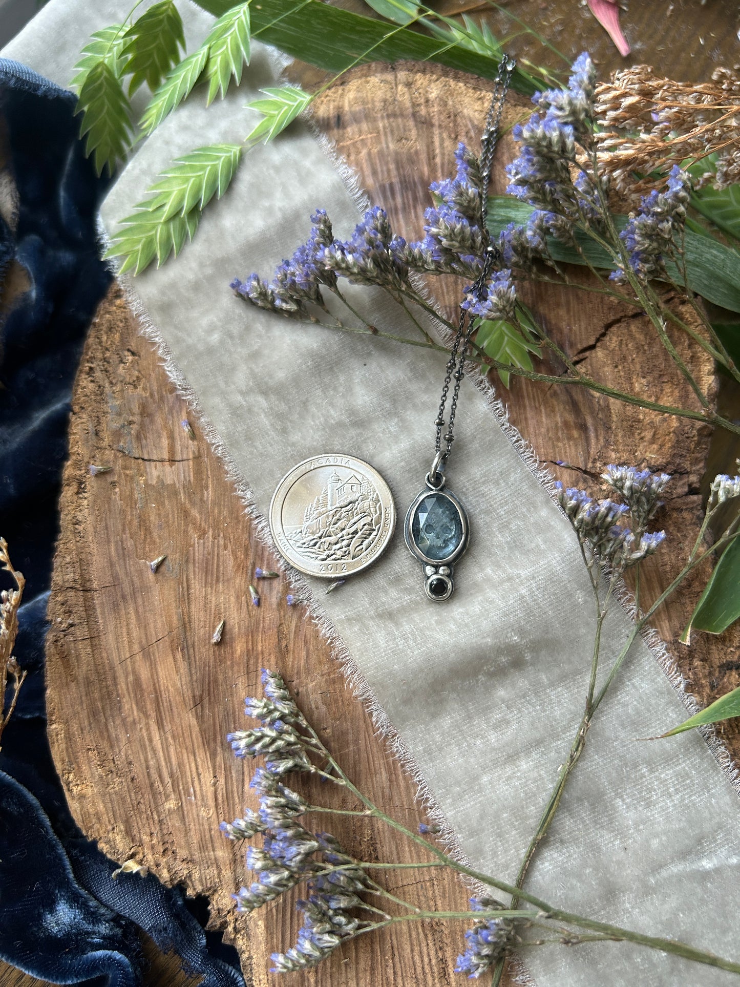 Moss Aquamarine Memento Mori Skull Necklace- sterling silver jewelry