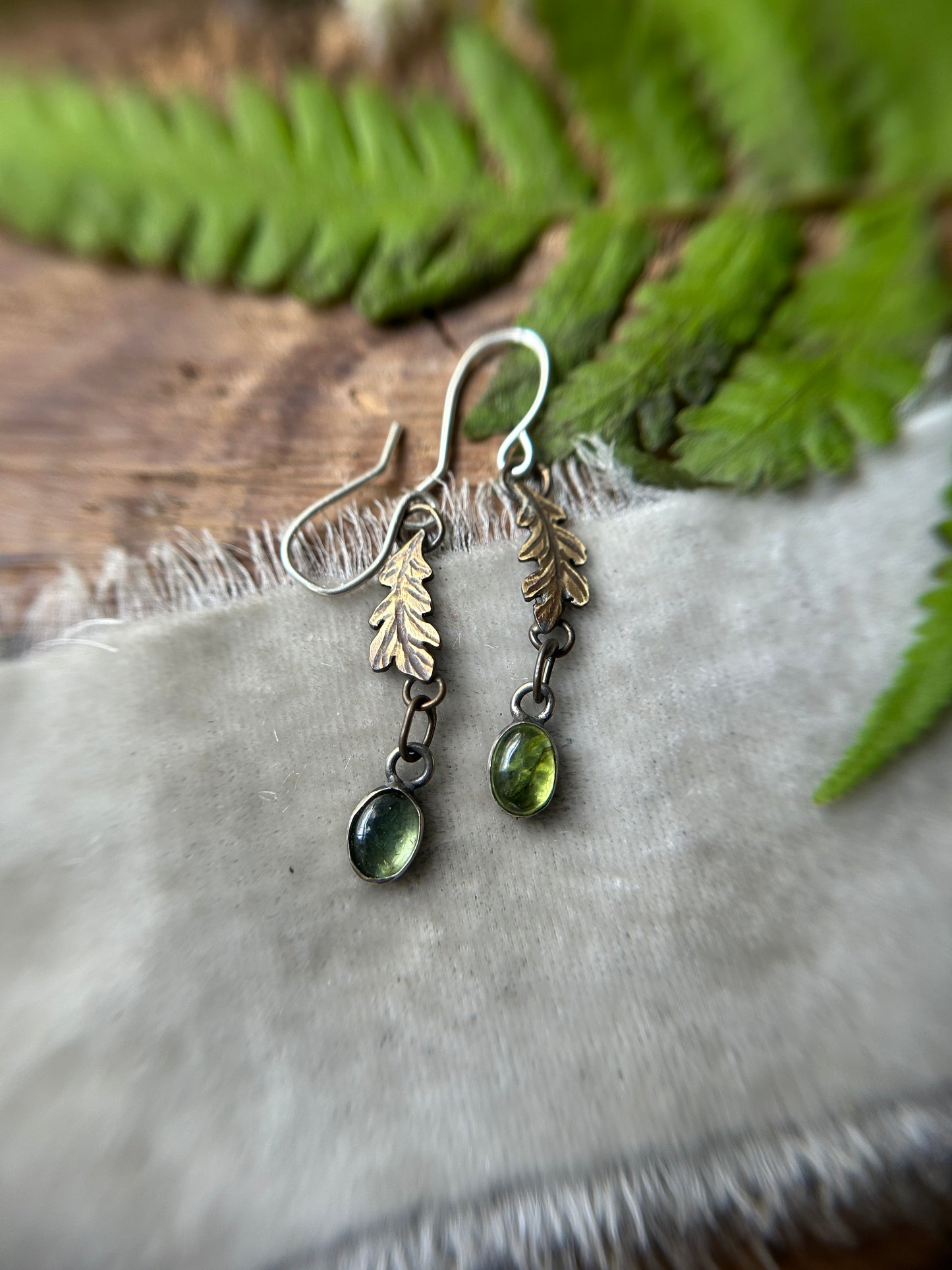 Oak leaves and Peridot earrings- sterling silver and brass jewelry