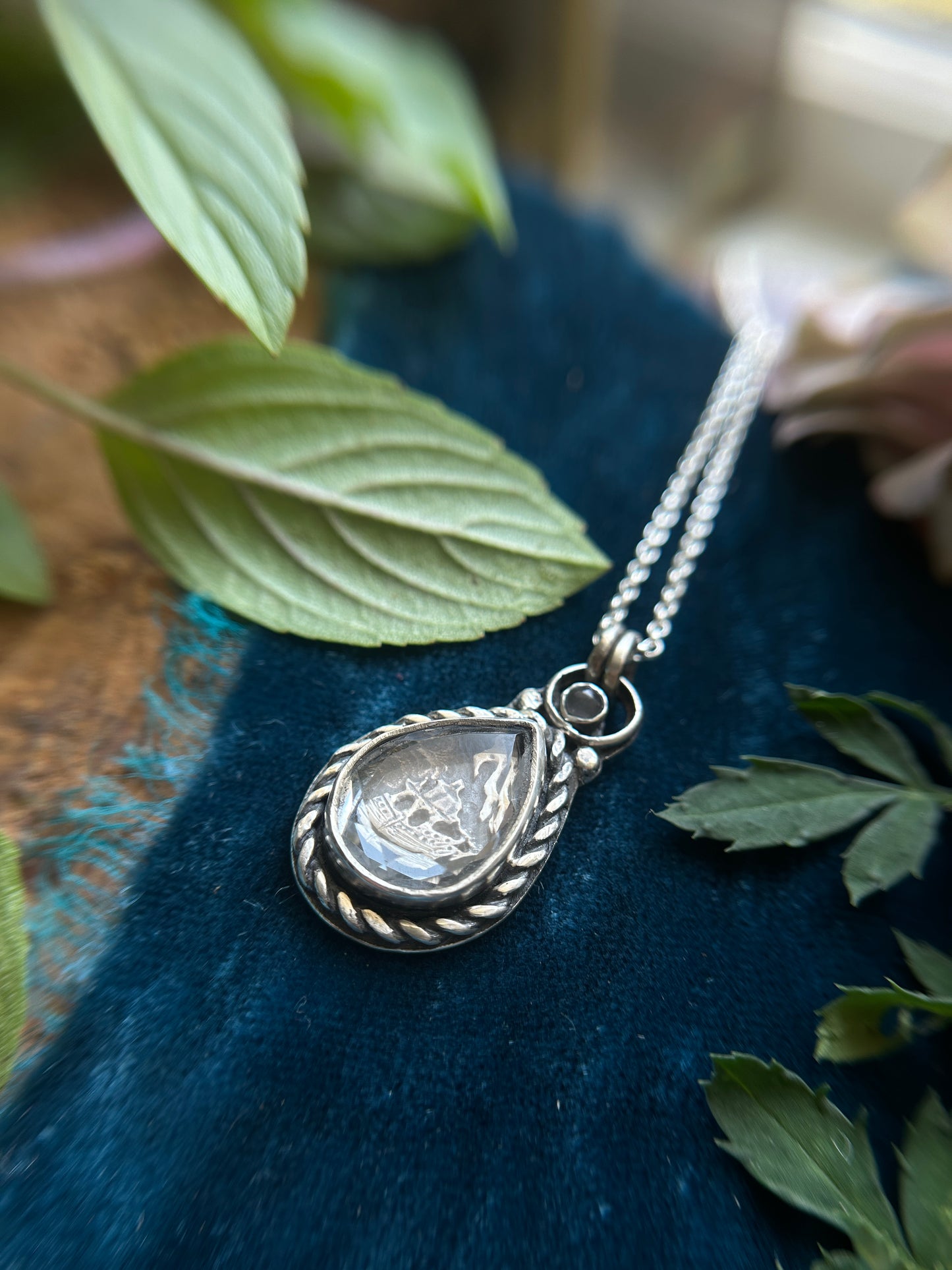 Sailing Ship through the Tempest - portrait cut quartz with grey moonstone- sterling silver jewelry
