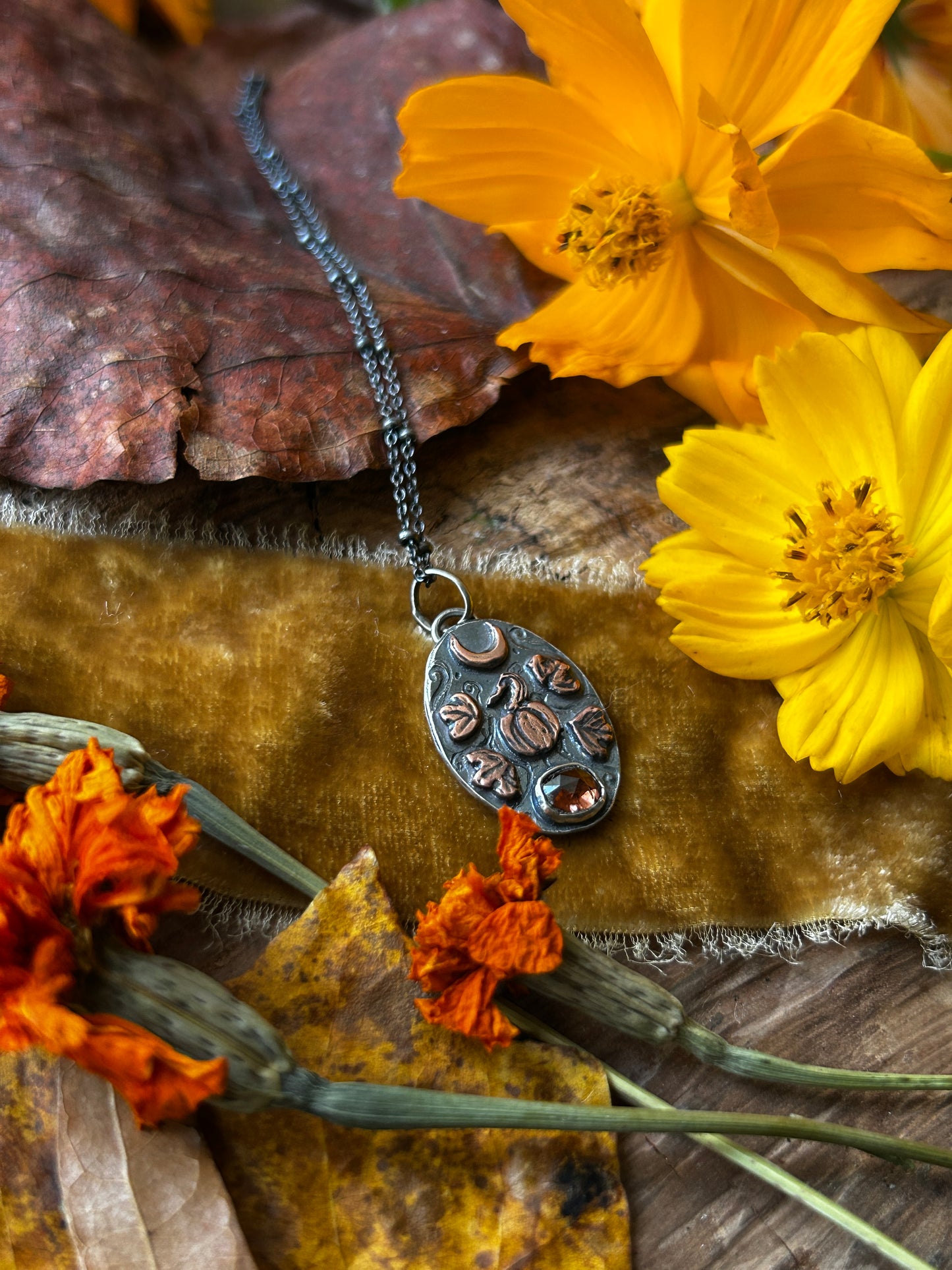 Pumpkin Moon Necklace with zircon- Sterling silver and copper detailed jewelry ready to ship