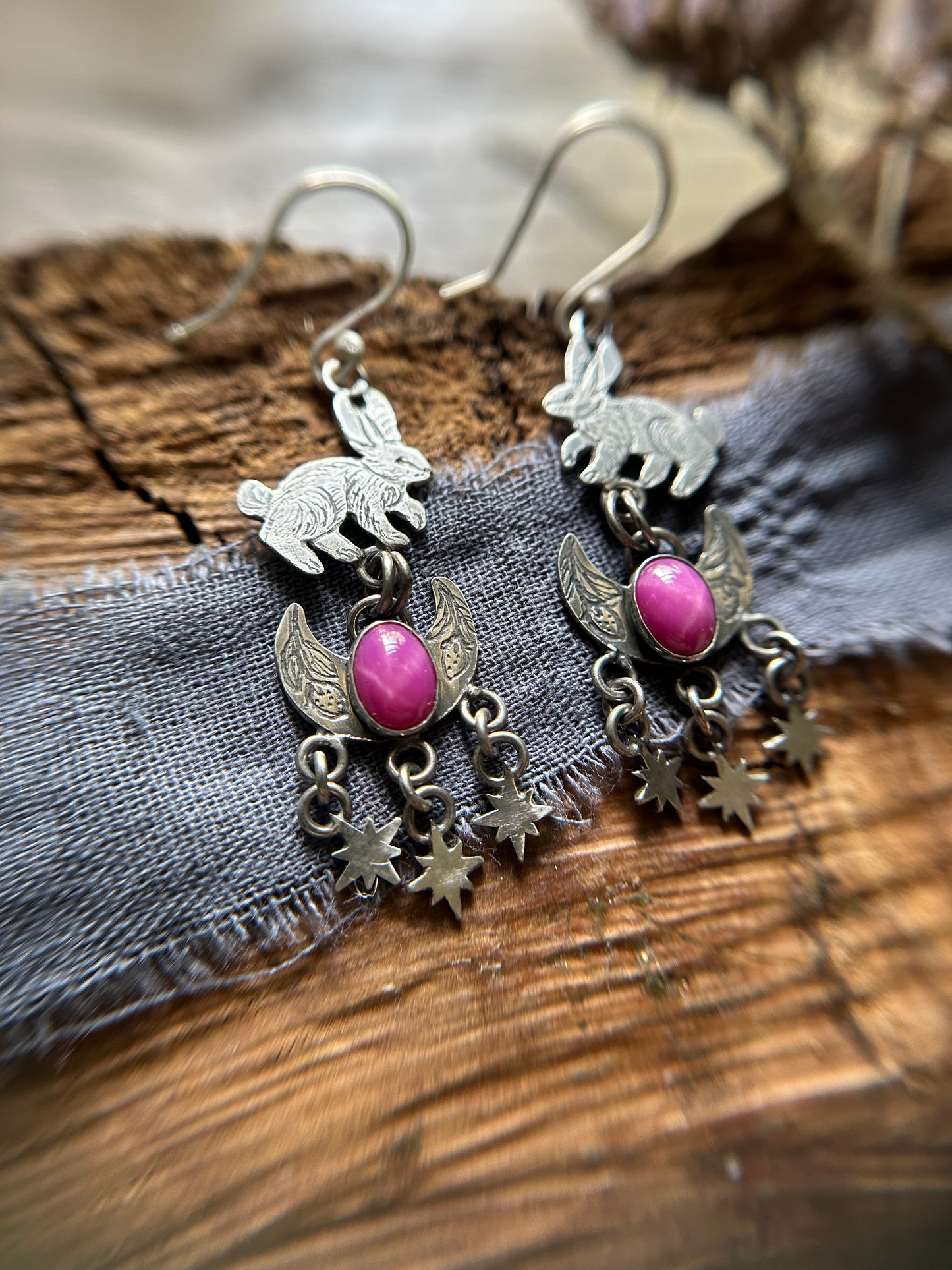 Strawberry Moon Bunny Earrings- Star Ruby Sterling silver jewelry )