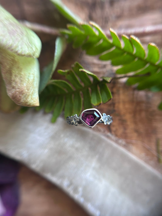 Azalea flowers and skull ring with portrait cut shield shaped rhodolite garnet- Sterling silver jewelry