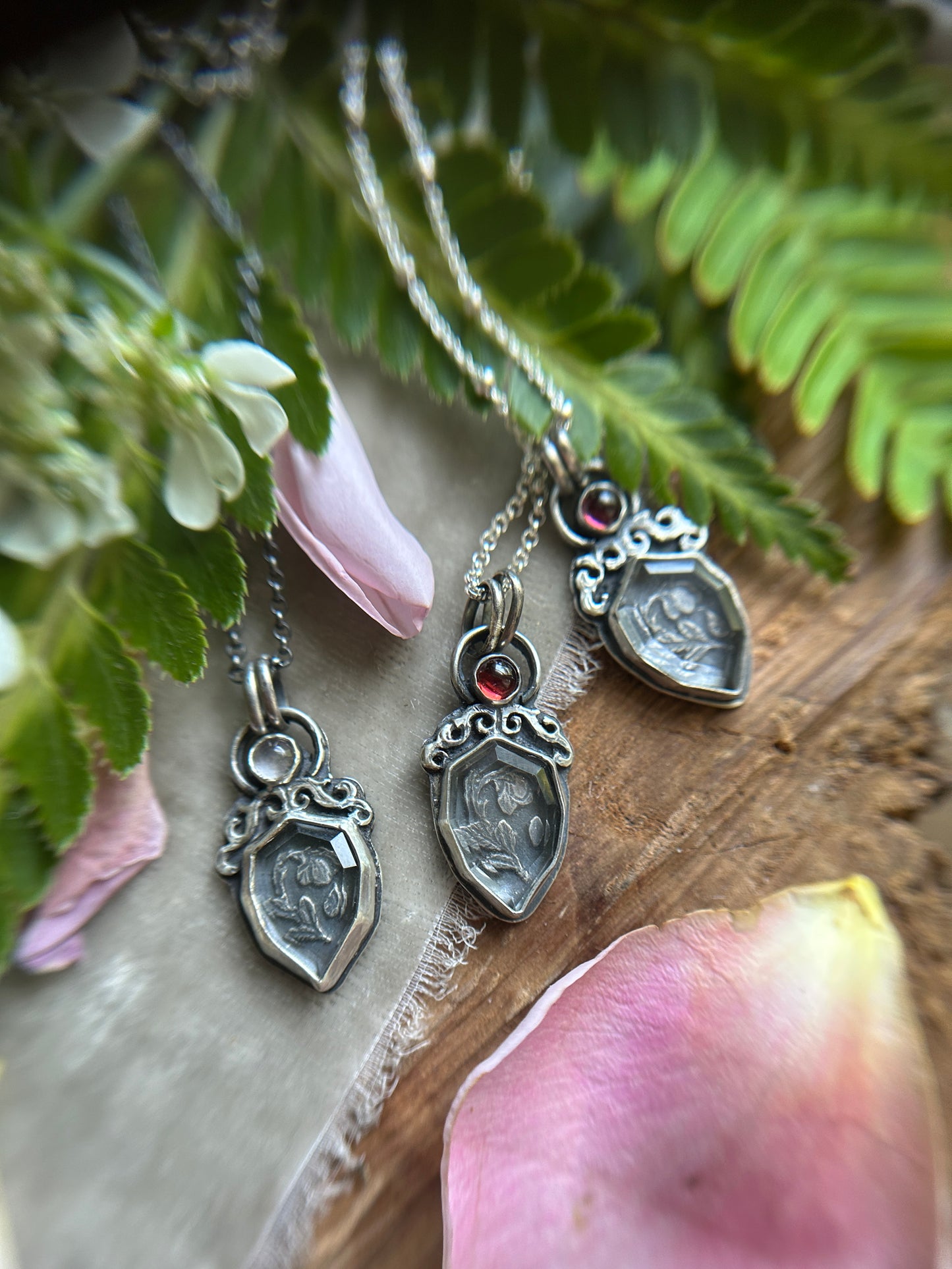 Enchanted rose necklace with portrait cut quartz & choice of garnet or rose quartz- Sterling silver jewelry