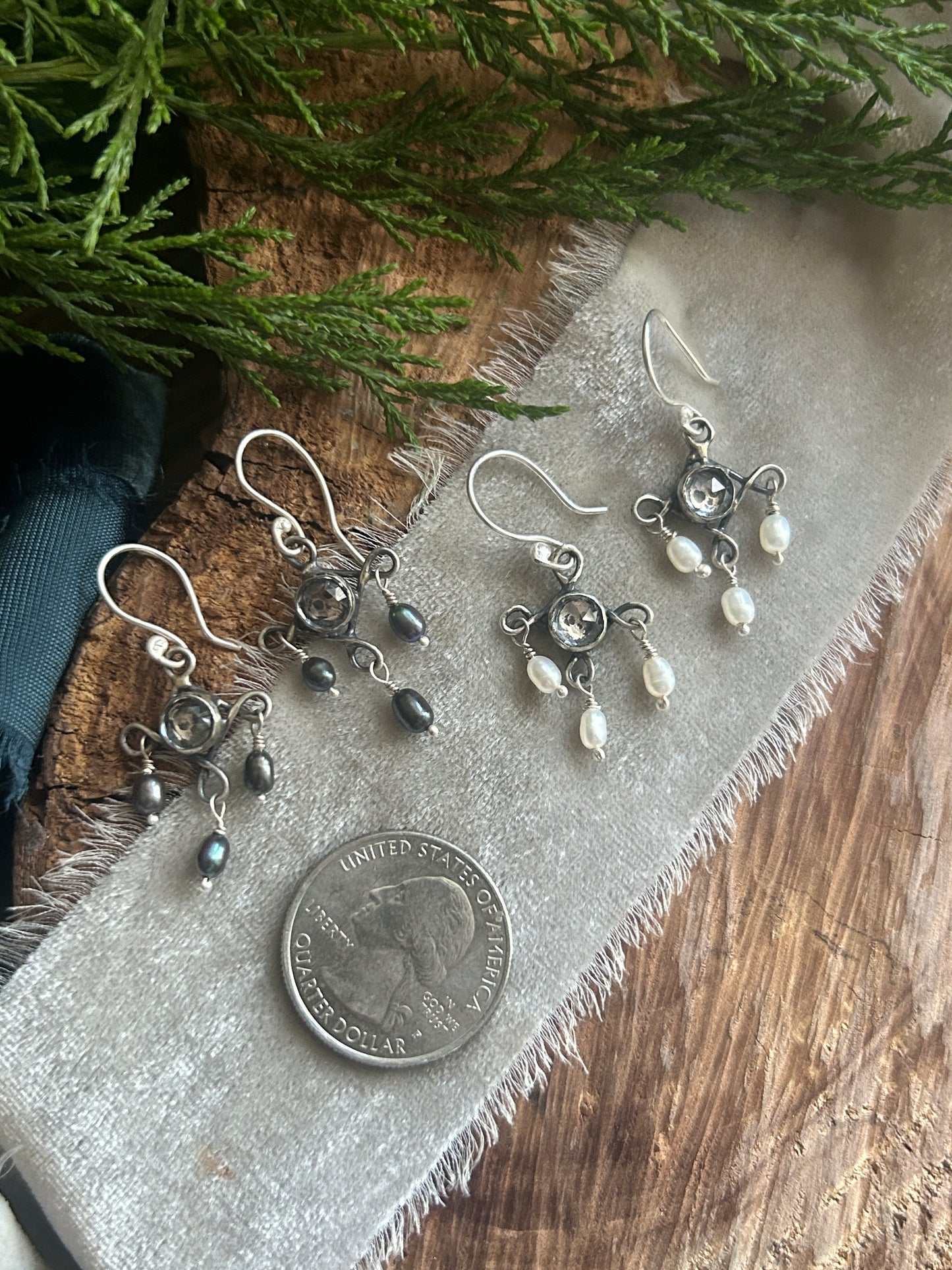 Skull Chandelier Earrings with black or white pearls- sterling silver memento mori jewelry