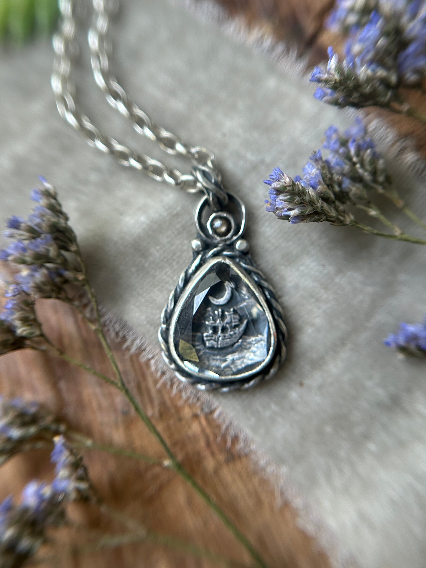 Moonlit Voyage Sailing Ship under Portrait Cut Quartz with a black star sapphire- sterling silver jewelry mourning