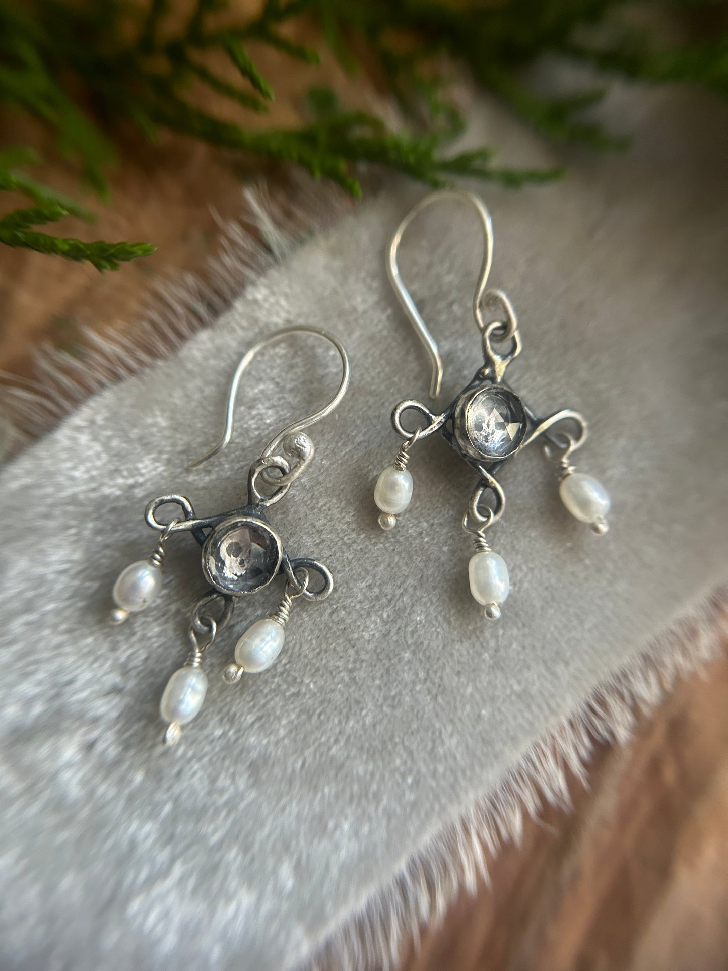 Skull Chandelier Earrings with black or white pearls- sterling silver memento mori jewelry