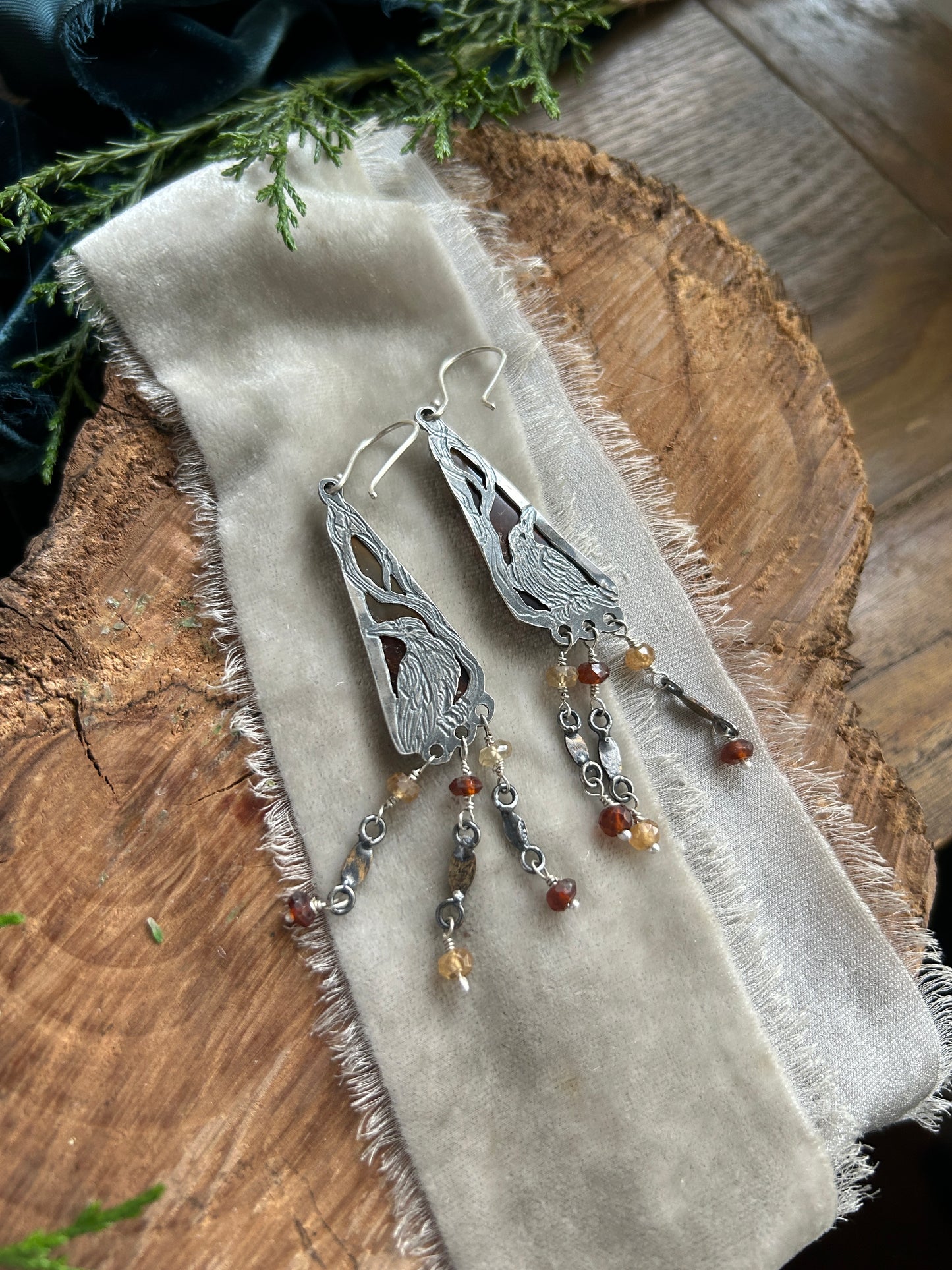 Carnelian Crow Earrings- sterling silver earrings with brass leaves and hessonite garnet details