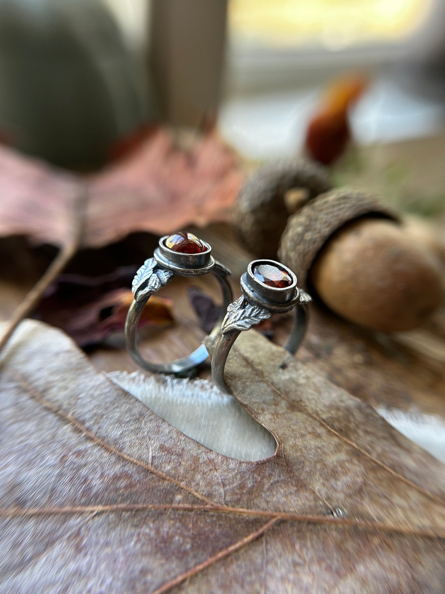 Oak and Acorn Ring in choice of zircon or hessonite garnet- sterling silver jewelry