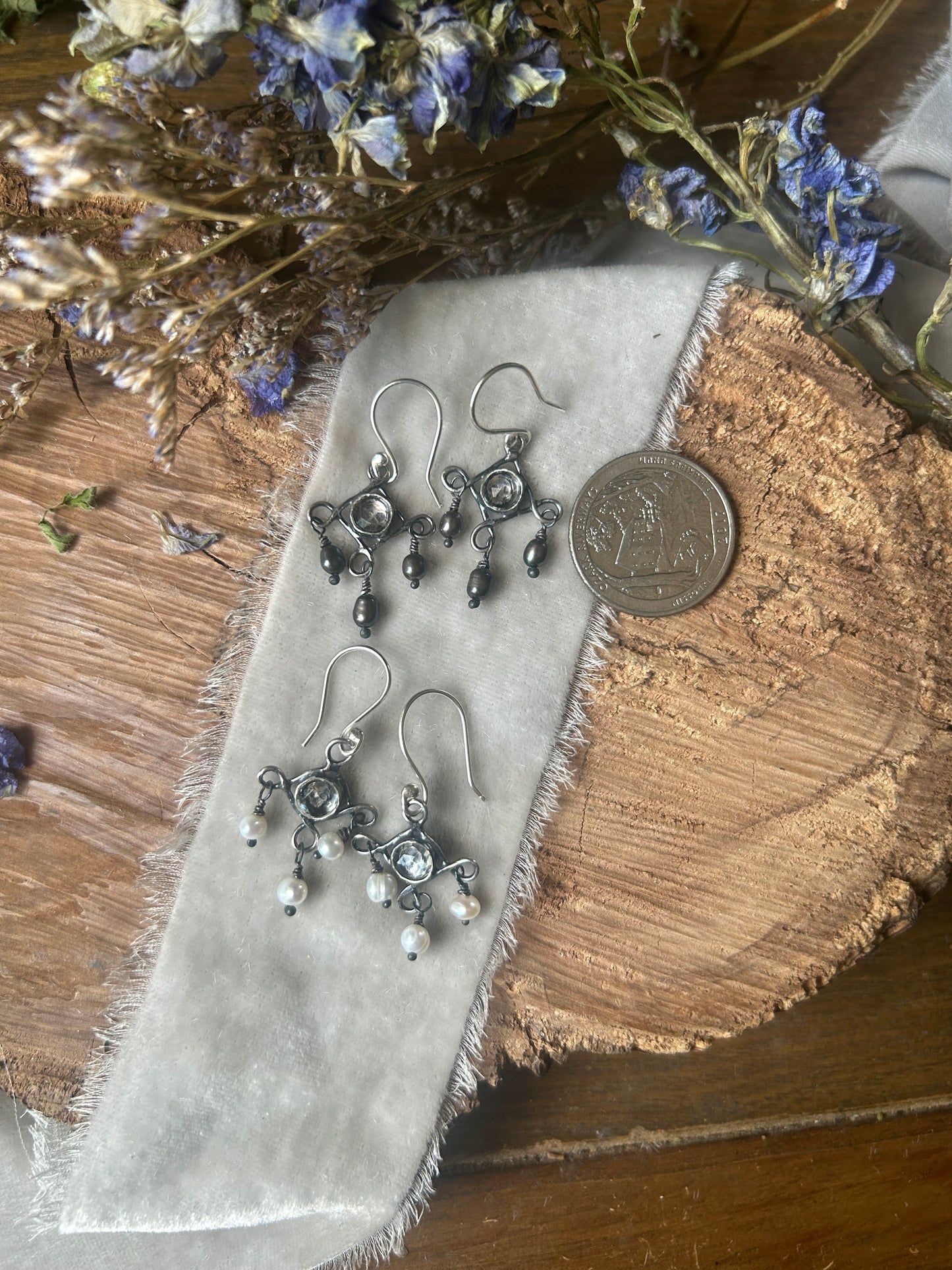 Skull Chandelier Earrings with black or white pearls- sterling silver memento mori jewelry