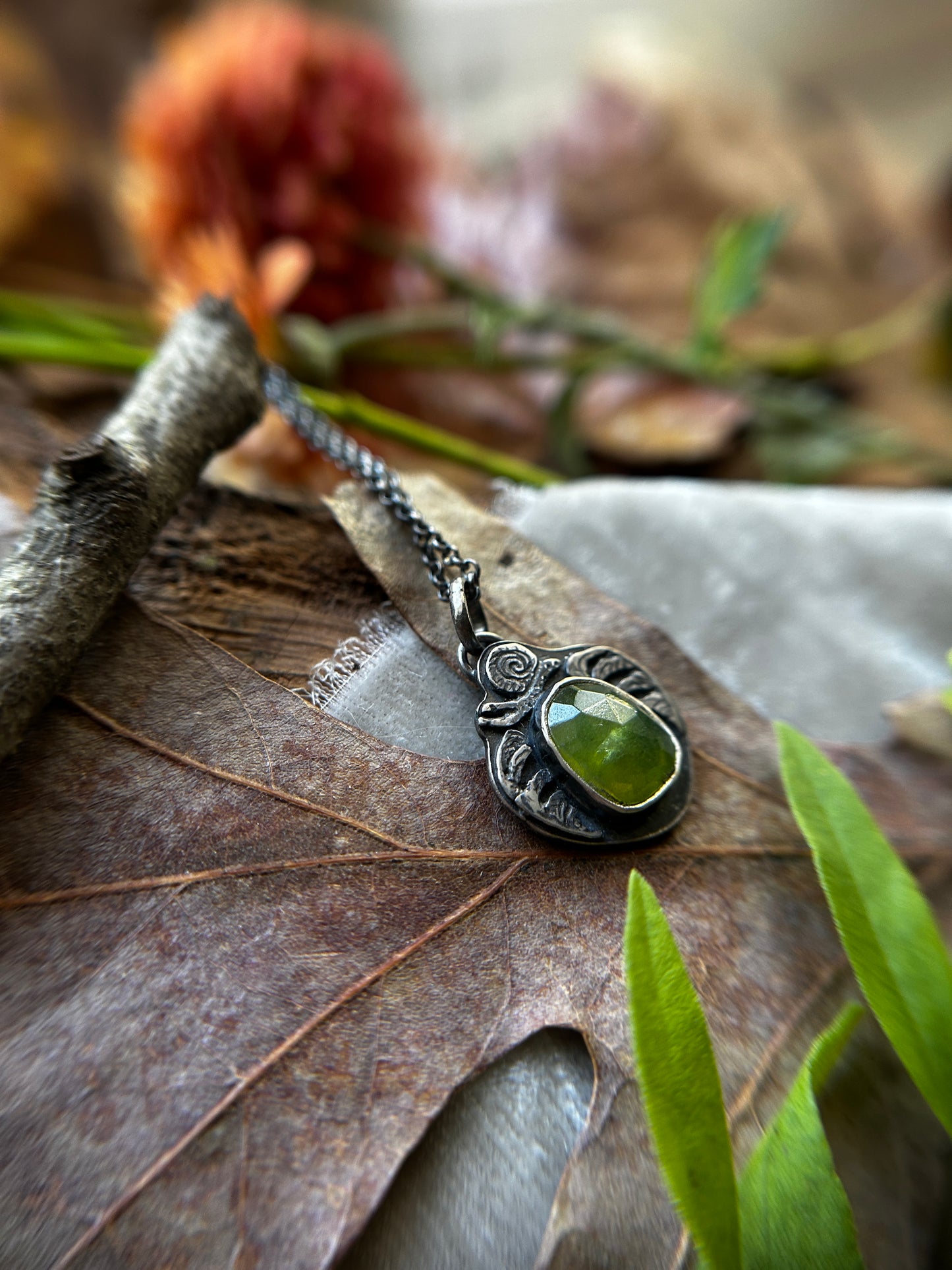Fern Snail with Vesuvianite Necklace- sterling silver jewlery