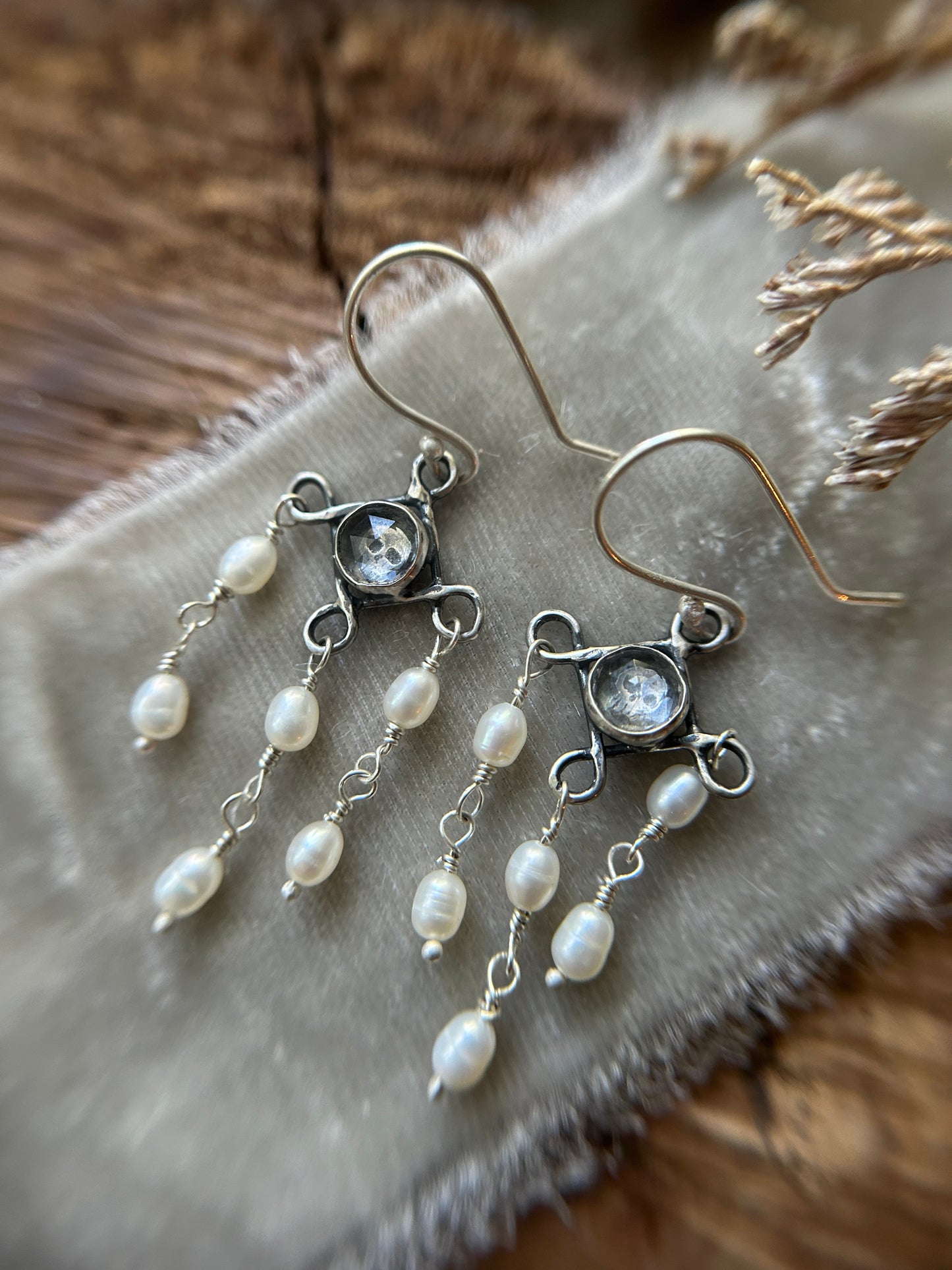 Skull Chandelier Earrings with black or white pearls- sterling silver memento mori jewelry