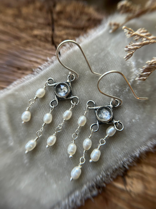 Skull Chandelier Earrings with black or white pearls- sterling silver memento mori jewelry