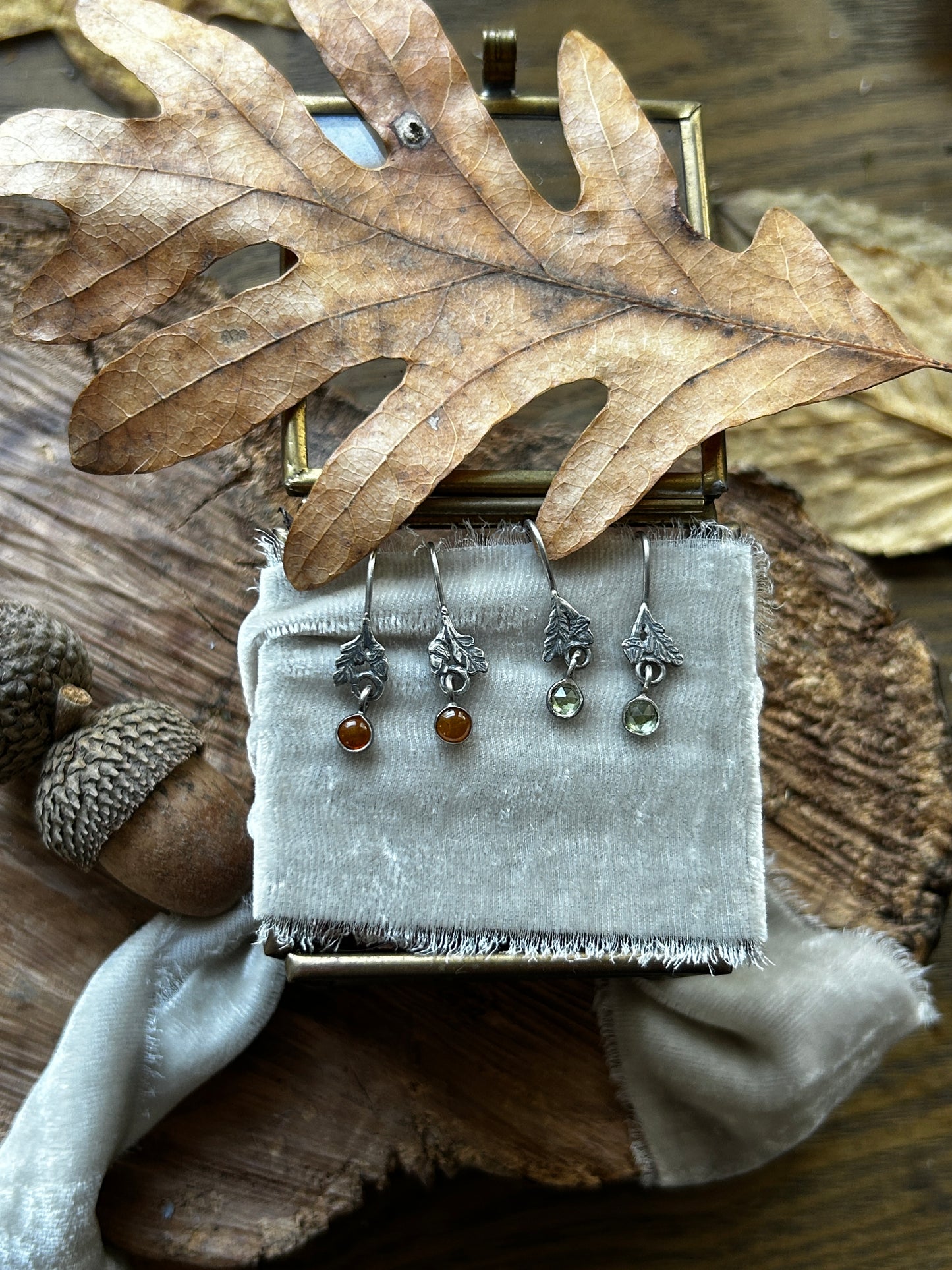 Oak leaf and Acorn Earrings- Sterling silver jewelry with gemstone charm