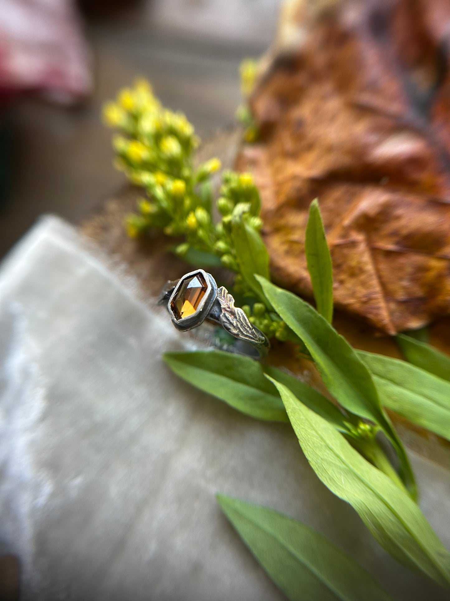 Goldenrod ring- hexagon zircon ring with sterling silver and brass jewelry