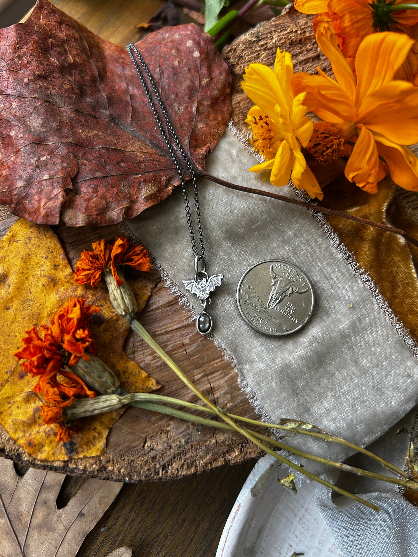 Bat Necklace with star sapphire- sterling silver jewelry- PRE ORDER