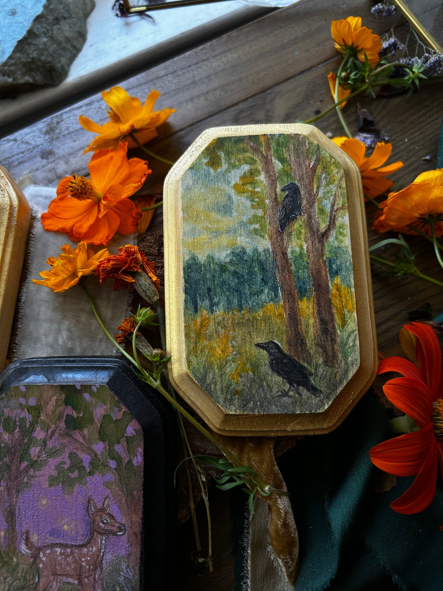 Original miniature watercolor painting on wood- ready to display art- deer fawn, barred owls, crows, autumn forest, goldenrod, blackberry bramble