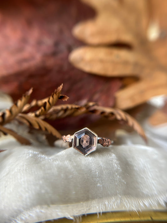 Preorder-autumn peach quartz oak leaf ring with your choice of under gem design- Sterling silver jewelry