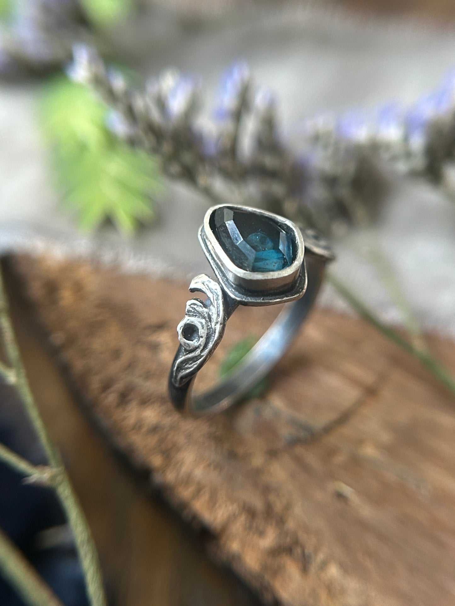 London Blue Topaz Memento Mori Skull and Waves Ring- sterling silver jewelry- MADE TO ORDER
