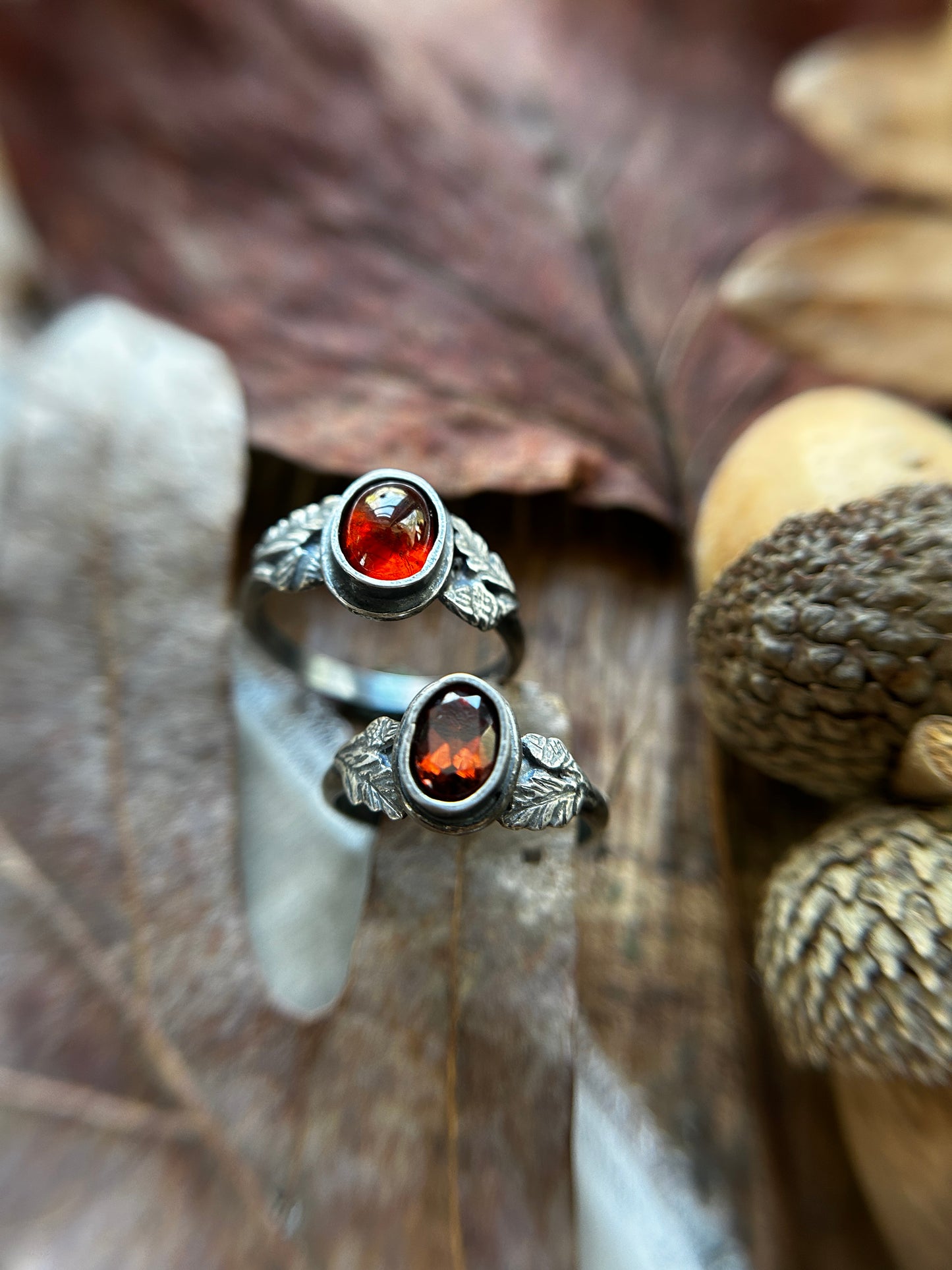 Oak and Acorn Ring in choice of zircon or hessonite garnet- sterling silver jewelry