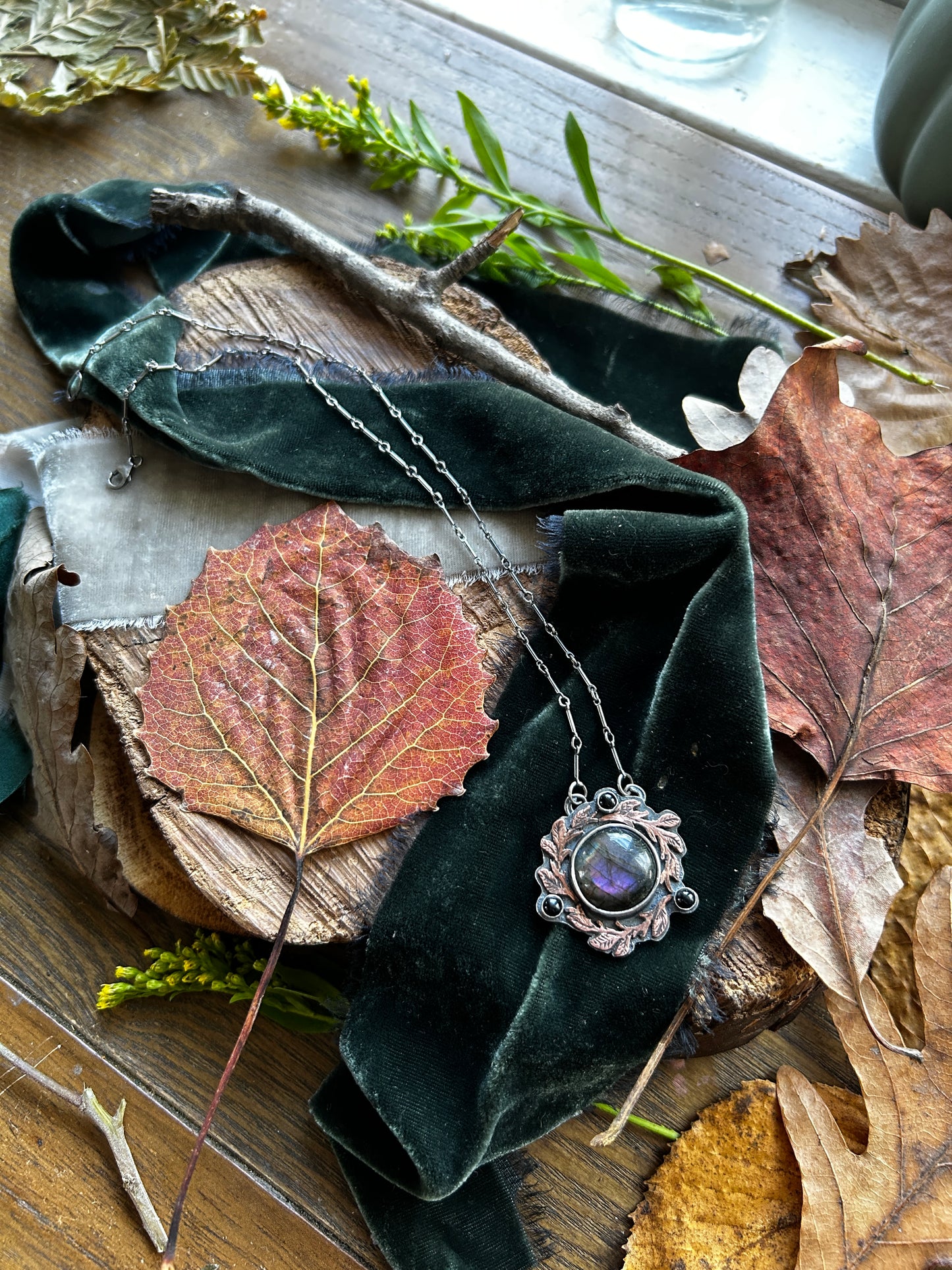 Autumnal Blackberry Vines with Purple Labradorite and Black Onyx- Sterling silver and copper jewelry