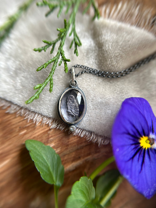 Woodland Barn Owl necklace in amethyst