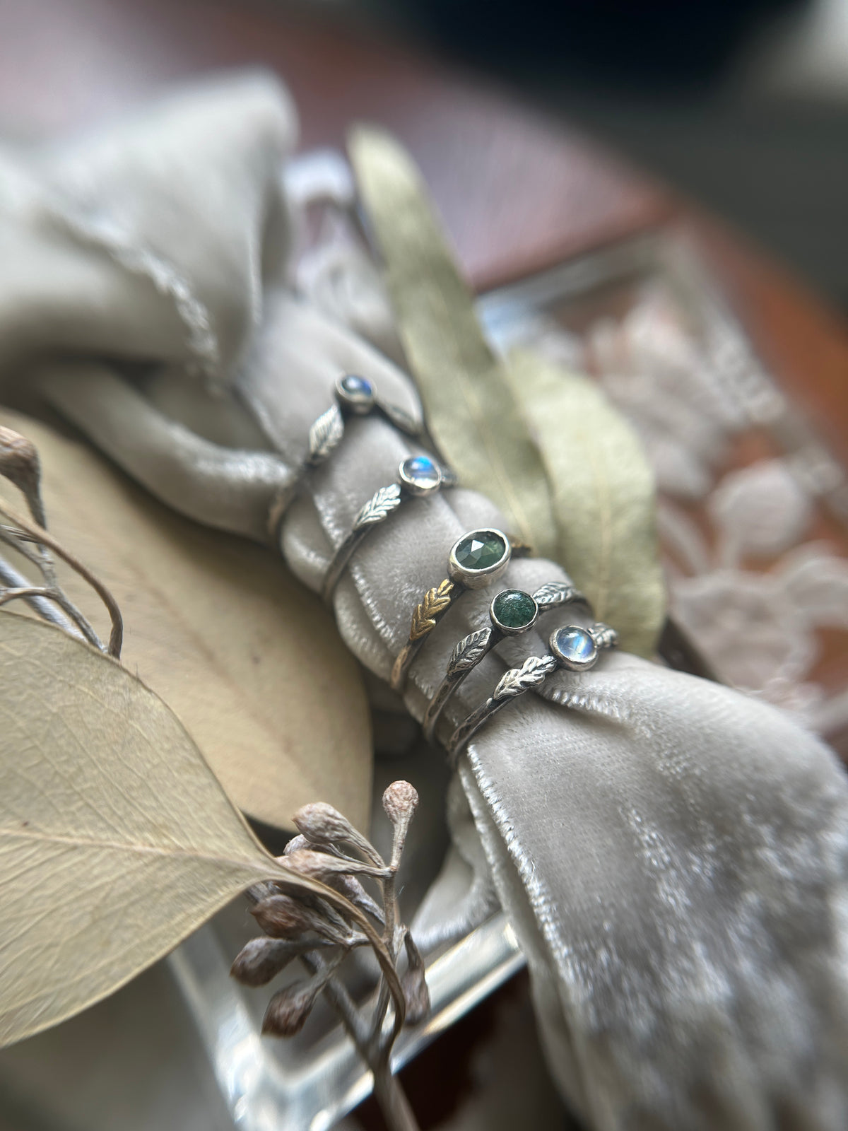 Ready to ship Woodland Leaf Rings- assorted gemstones- sterling silver jewelry