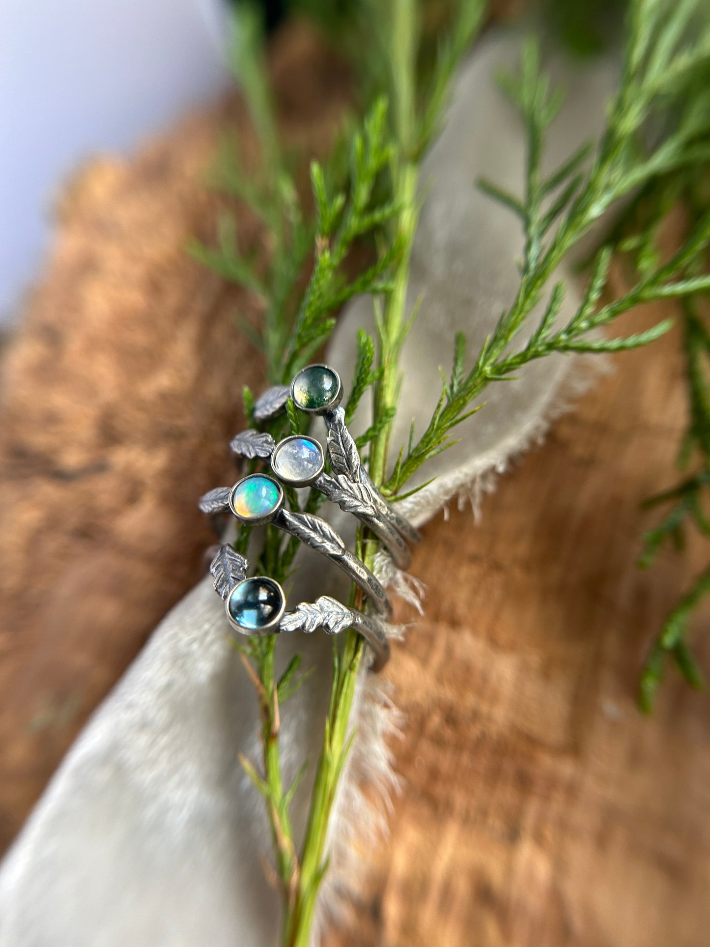 Winter woodland stacker rings- choice of gemstone, leaves, and ring size