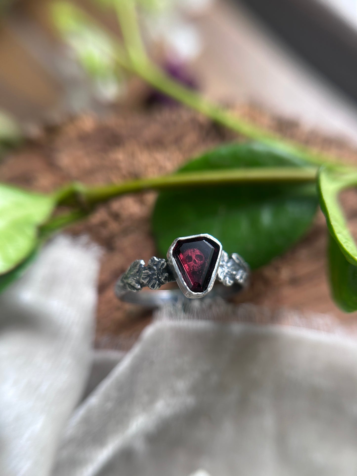 Wild roses & skull ring with portrait cut coffin garnet- Sterling silver jewelry