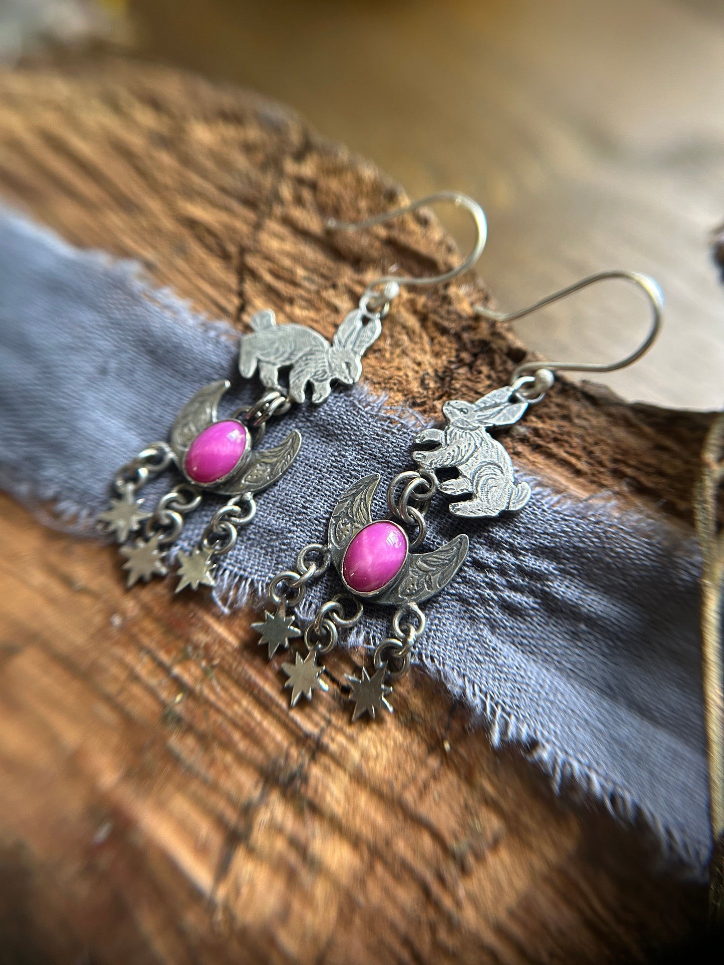 Strawberry Moon Bunny Earrings- Star Ruby Sterling silver jewelry )