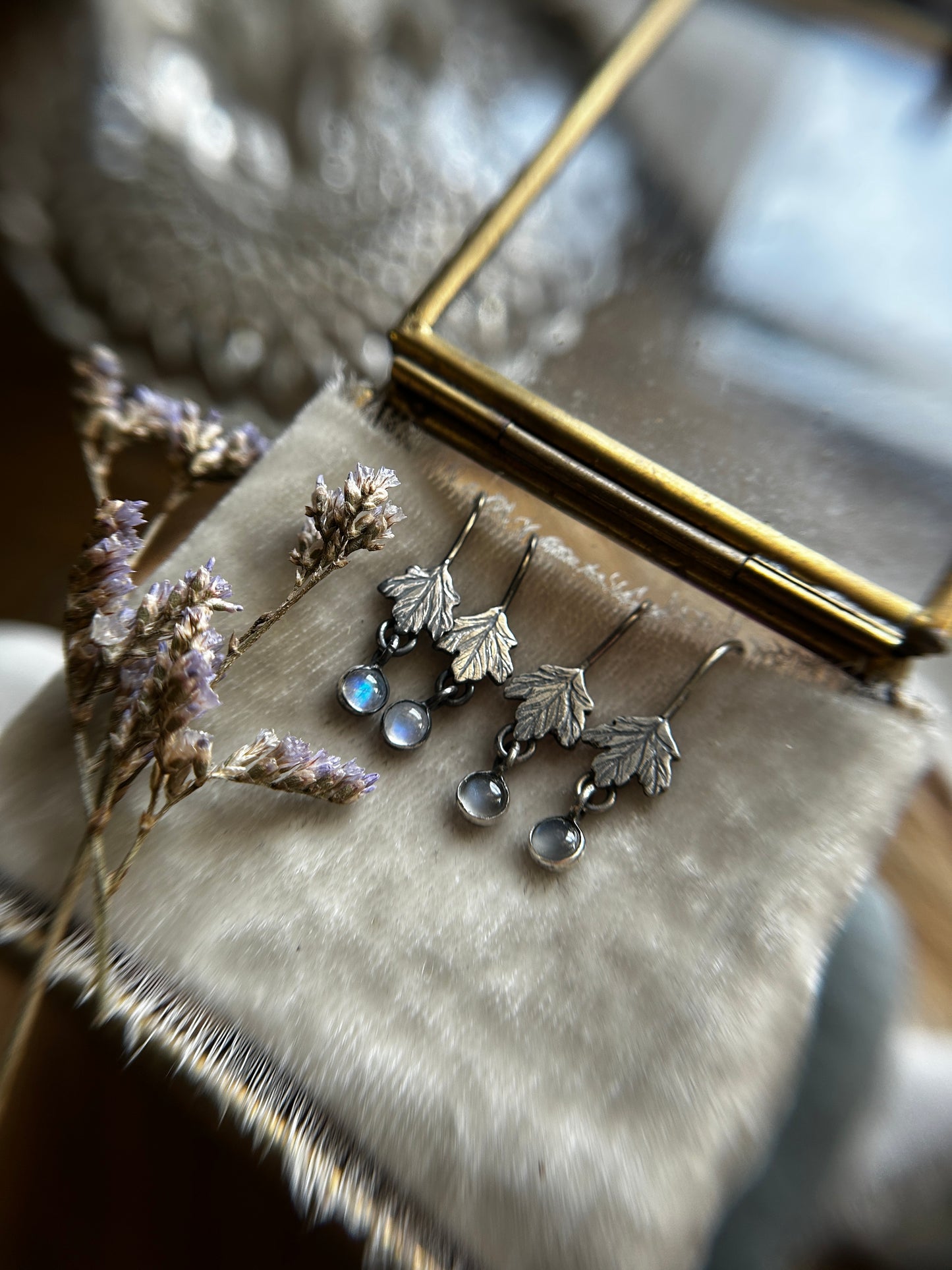 Woodland Leaf Earrings- sterling silver, brass, copper options with gem charm- jewelry