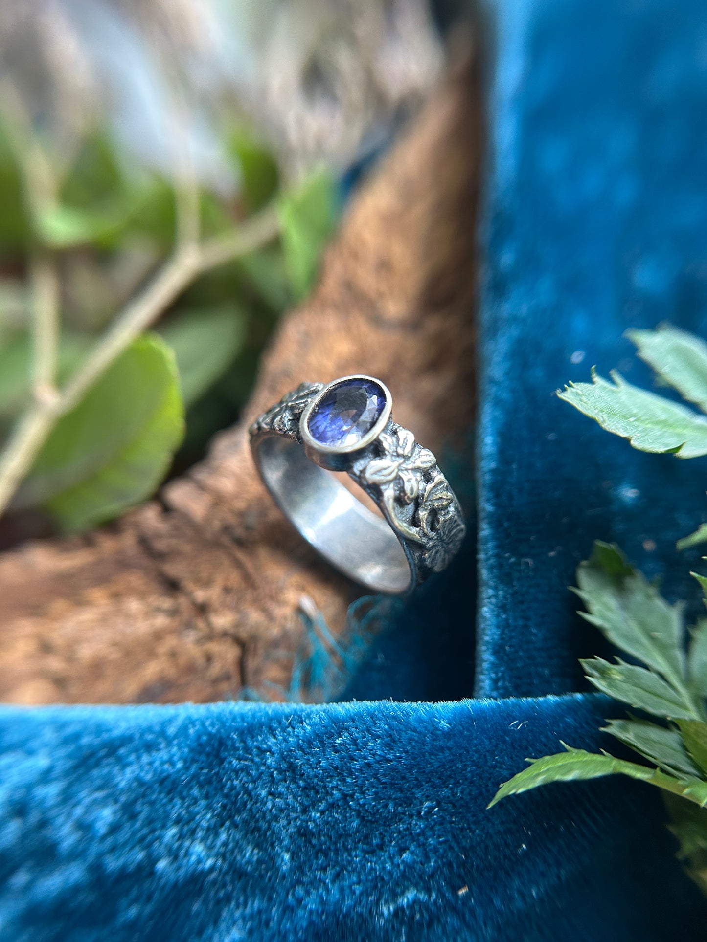 Woods Violet and Iolite wide hammered band ring- sterling silver jewelry