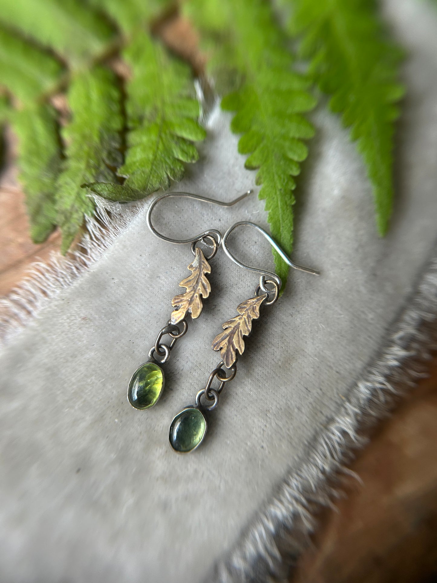 Oak leaves and Peridot earrings- sterling silver and brass jewelry