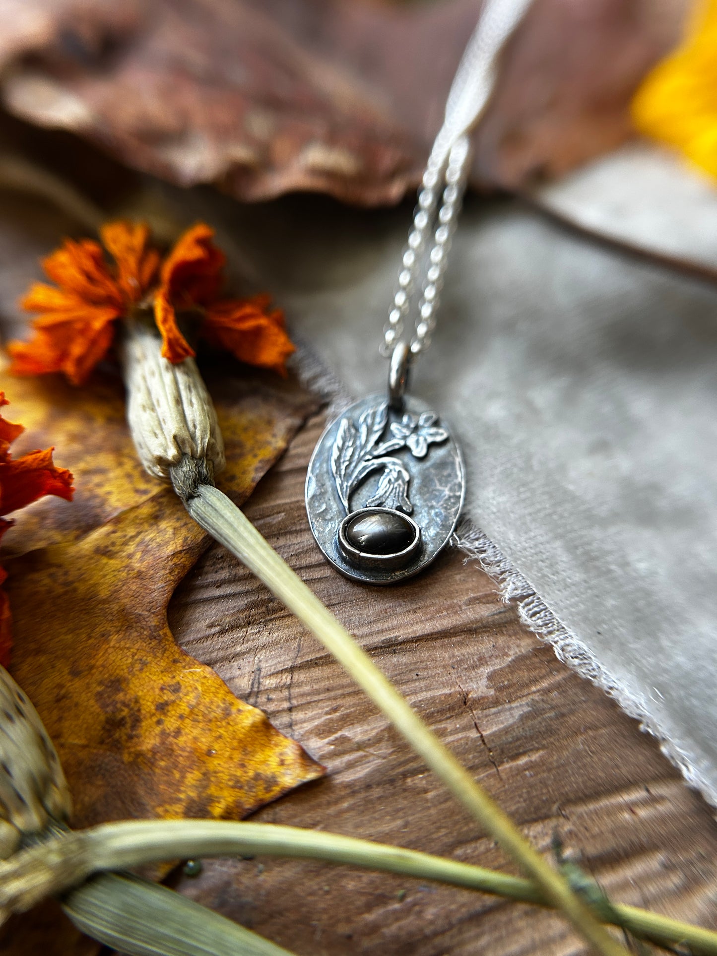 Deadly belladonna flower with black star sapphire necklace- Sterling silver jewelry ready to ship