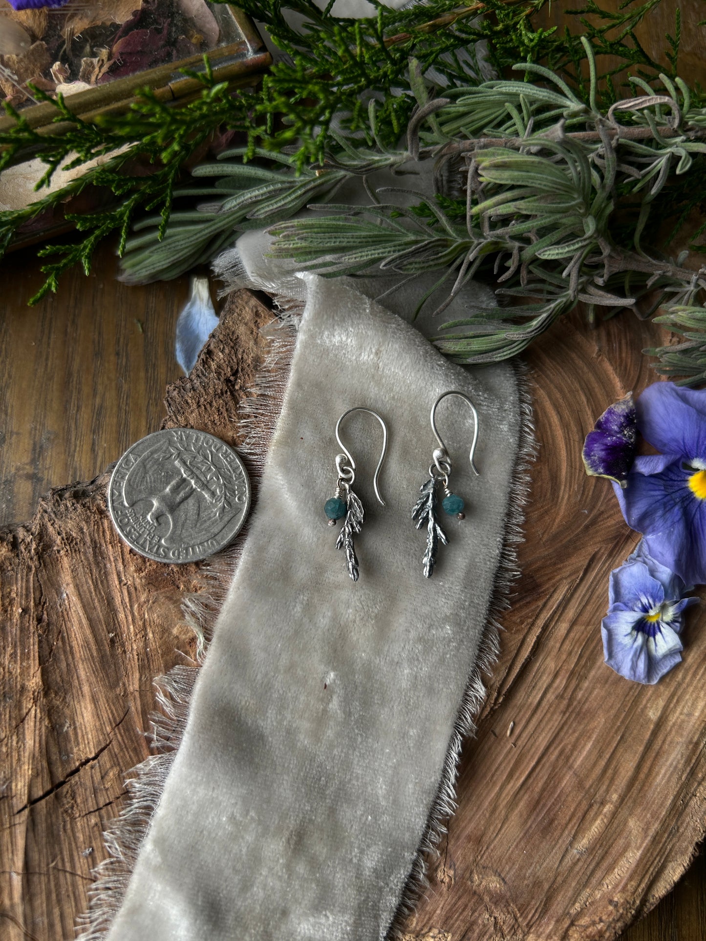 Juniper Sprig Earrings with Gem Charm- sterling silver jewelry