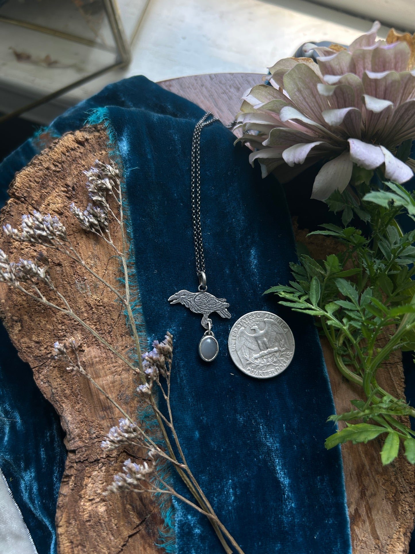 Raven with Grey Moonstone Necklace- Sterling silver jewelry